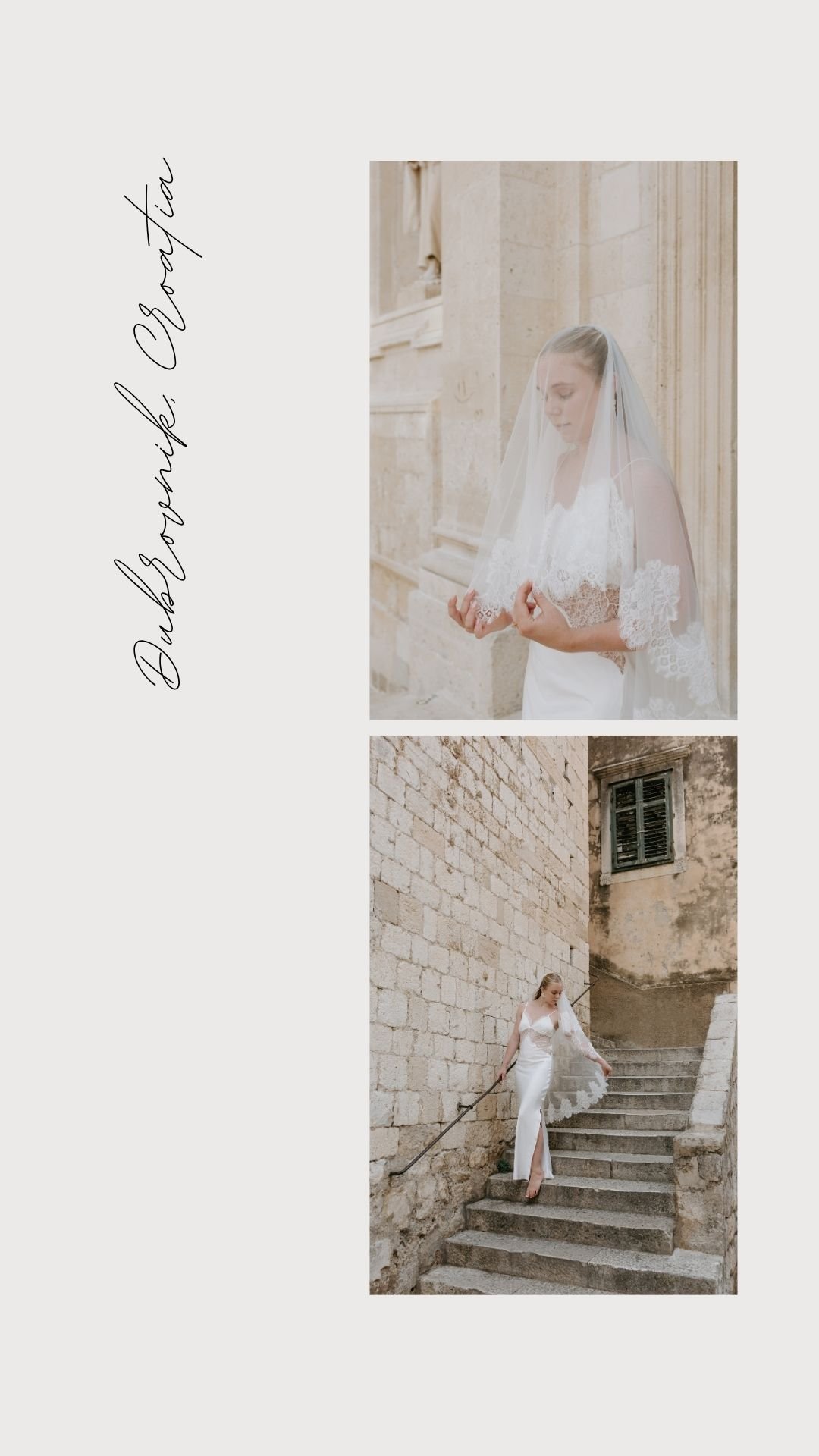 A bride in a white wedding dress with lace details, wearing a veil, standing outdoors near a stone building. She is holding her dress and looking down, with another photo of her walking on stairs outside a stone wall.