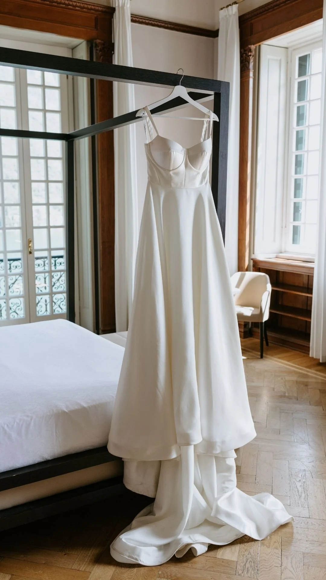 A white wedding dress hanging on a black frame in a bright room with large windows and wooden trim.
