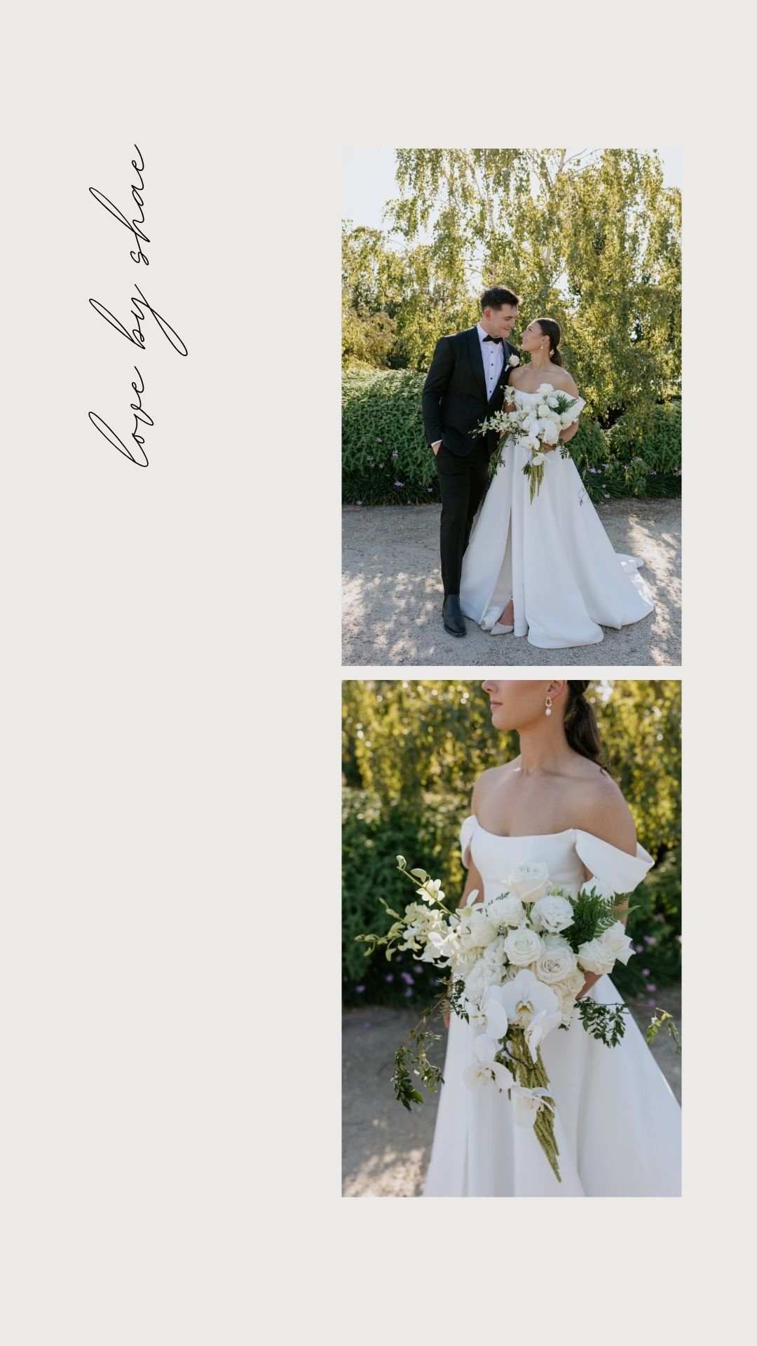 A wedding photo album with two images. The top image shows a bride and groom standing outdoors among greenery, dressed in formal wedding attire, looking at each other lovingly. The bottom image features a close-up of the bride holding a bouquet of wh
