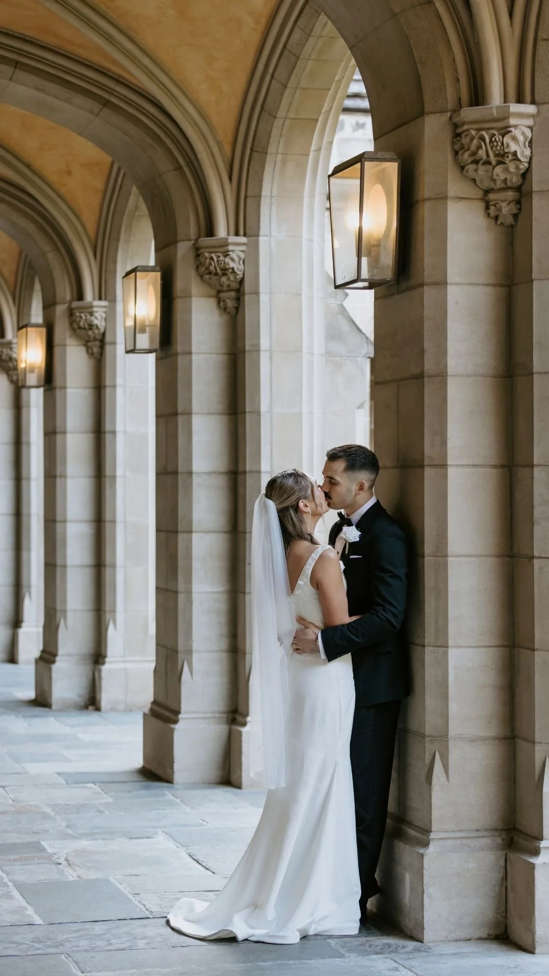A bride and groom sharing a kiss under arched stone columns in a historic or cathedral setting, with warm lighting from wall-mounted lamps.