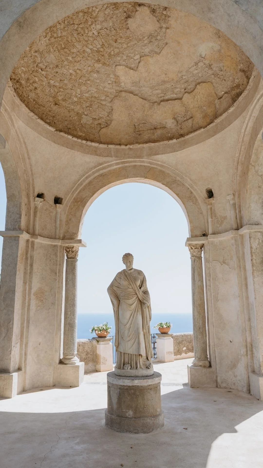 Historic marble statue of a woman in draped clothing under an arched structure with a view of the sea in the background.