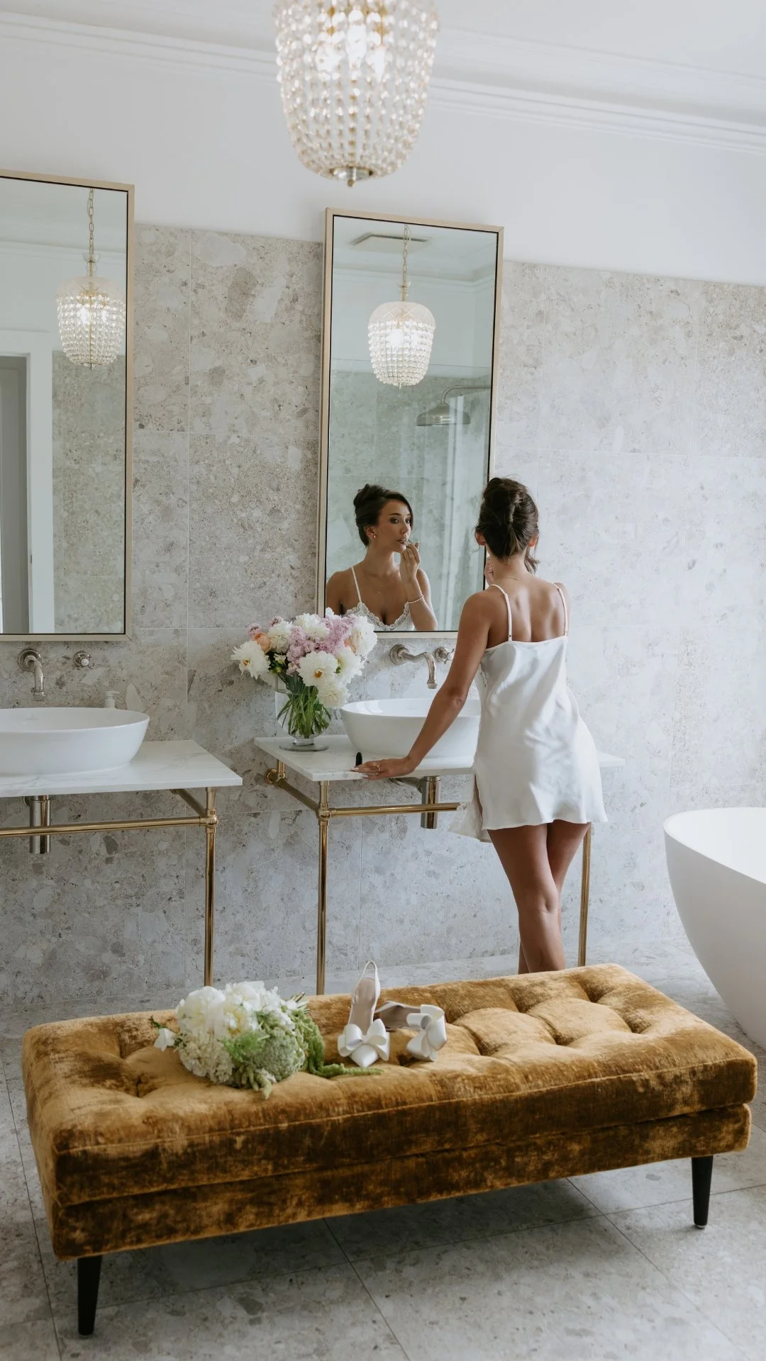 A woman in a white slip dress standing in a luxurious bathroom with Melbourne Boudoir and Wedding Photographer love by shae.