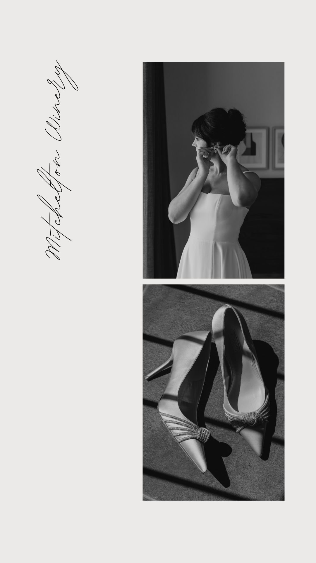 Black and white image of a woman in a wedding dress putting on her earrings, with a pair of high-heeled shoes on the floor.