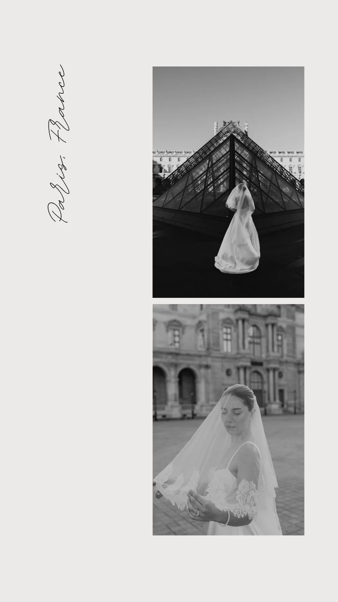 Two black and white photos of a bride in a wedding dress and veil, one on a city rooftop and one in a city square, with buildings in the background. The words "Parigi, Yvonne" written vertically in cursive on the left side.