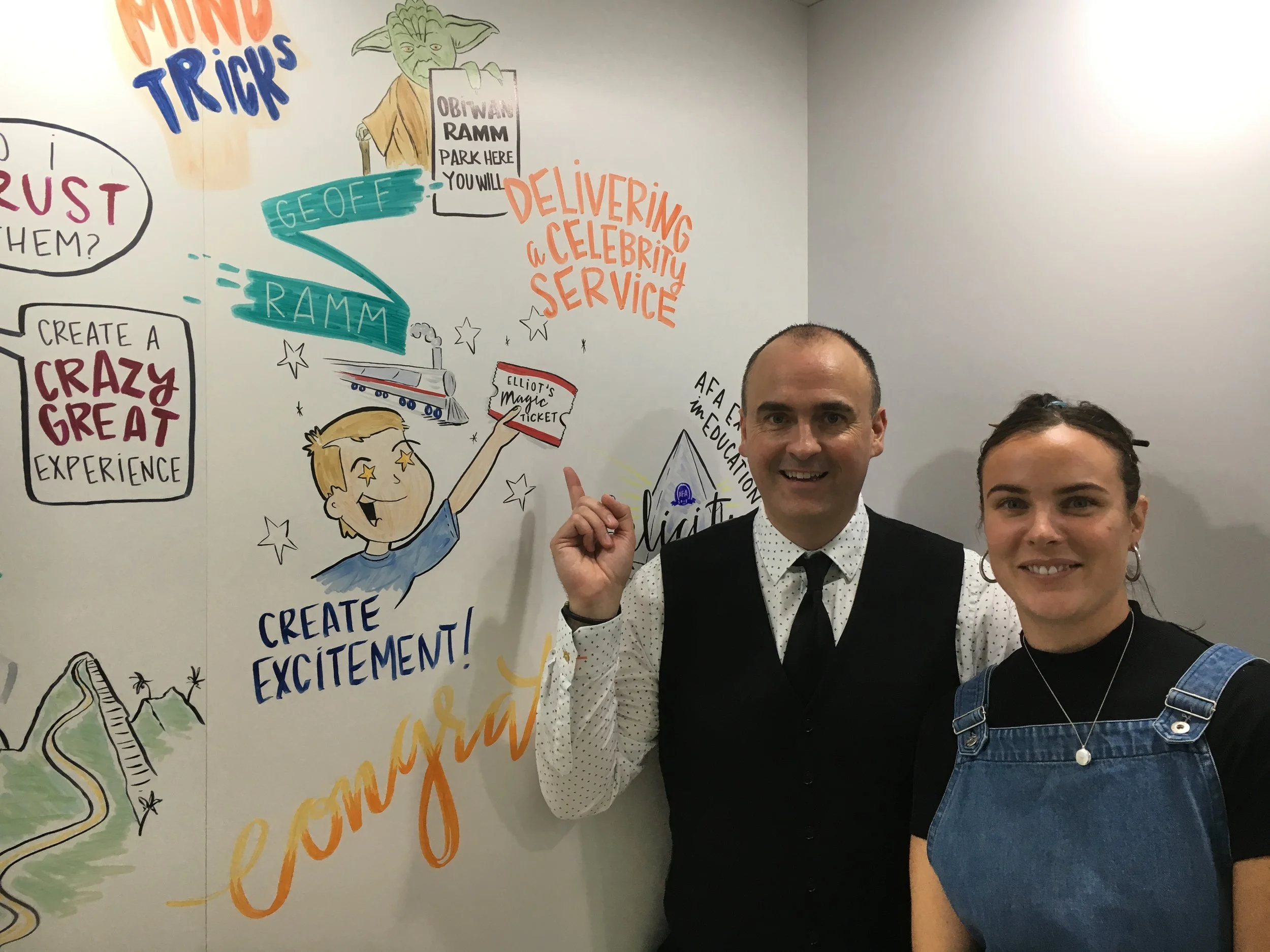 Two people smiling in front of a completed live scribe by Devon Bunce. The whiteboard is coverered  in colorful illustrations with motivational and educational messages, a drawing of Yoda, a train, and a boy holding a 'Eliot's Magic Tickets' sign.