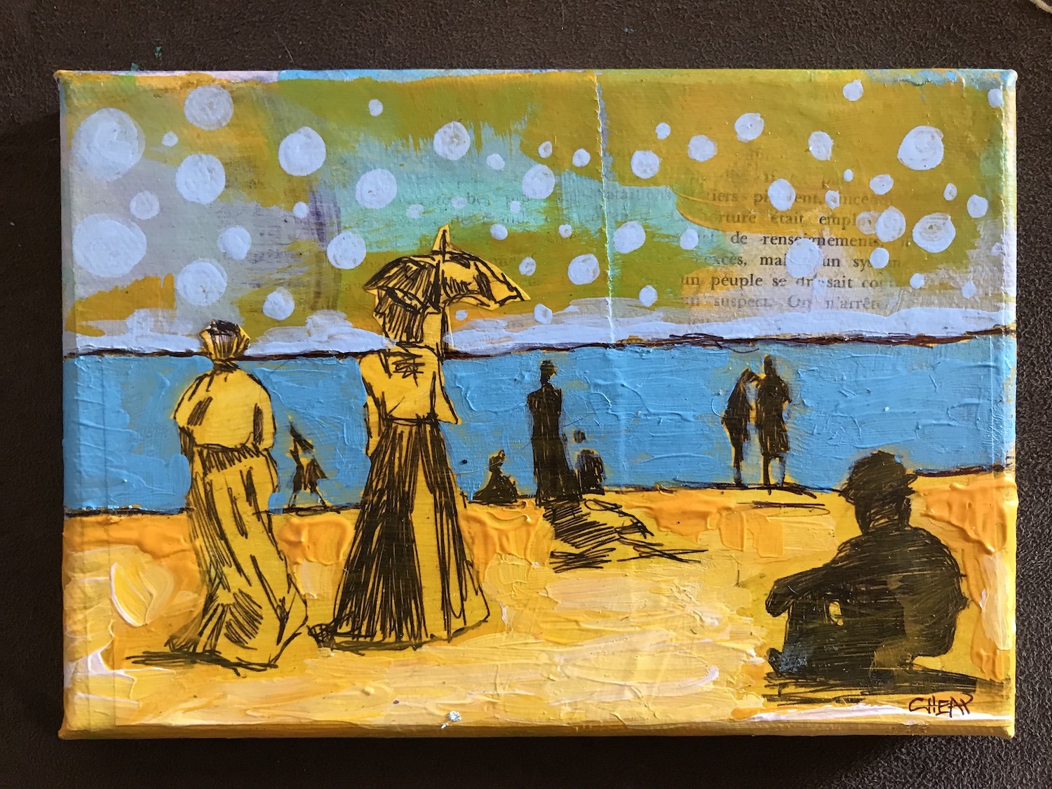 Victorian people on beach painting by Vincent Cheap.