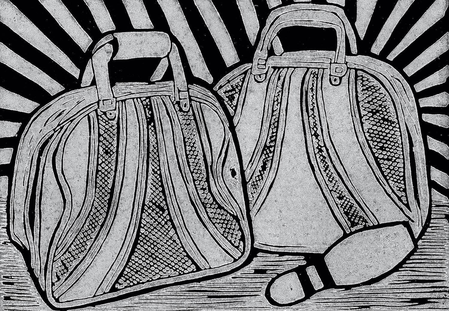 Block print of bowling bags by Charly Fasano.