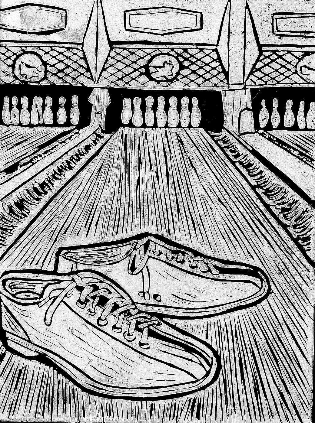 Block print of bowling shoes on a bowling lane by Charly Fasano.