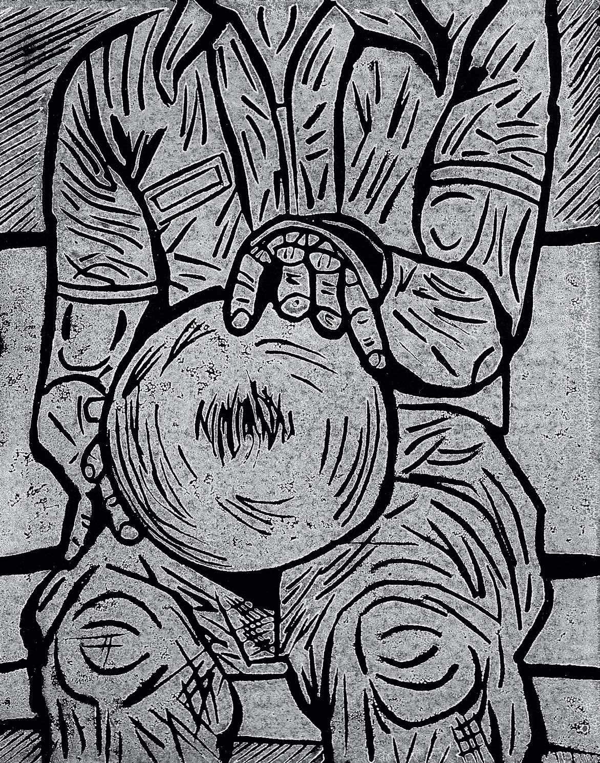 Block print of a man holding a bowling ball by Charly Fasano.