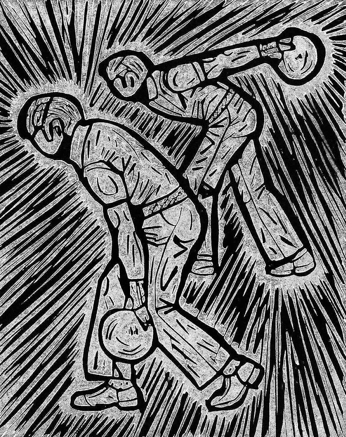 Block print of a bowler throwing a strike by Charly Fasano.