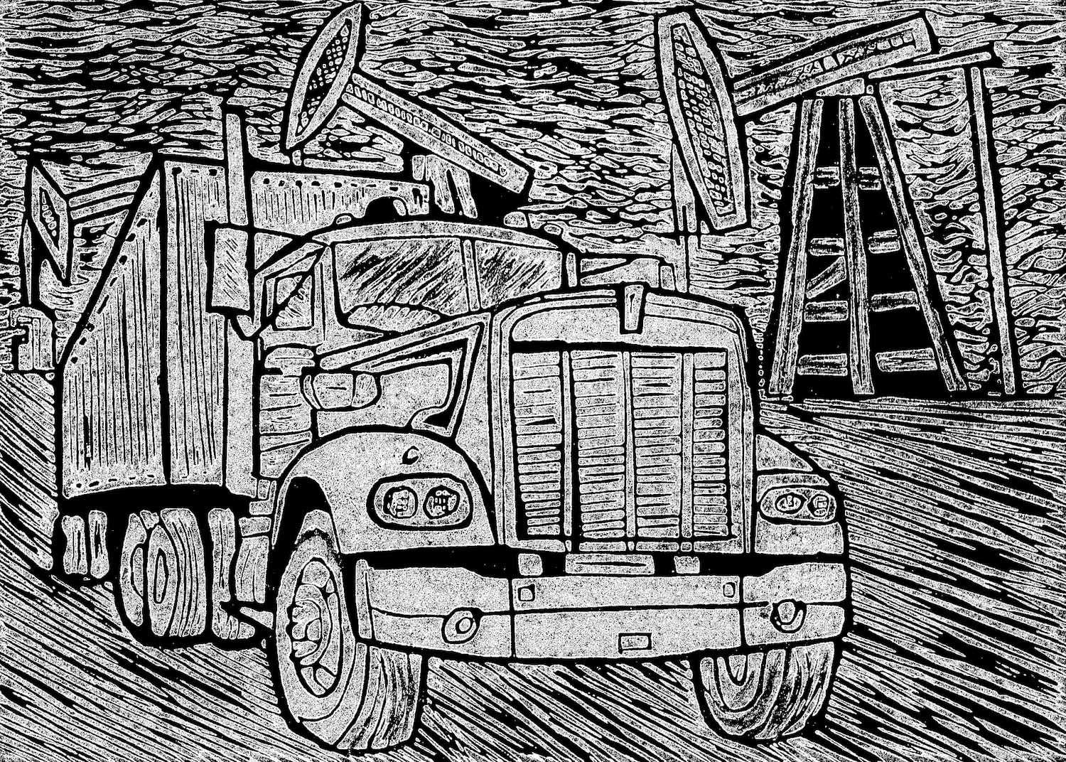 Truck and oil pump rigs block prints by Charly Fasano.