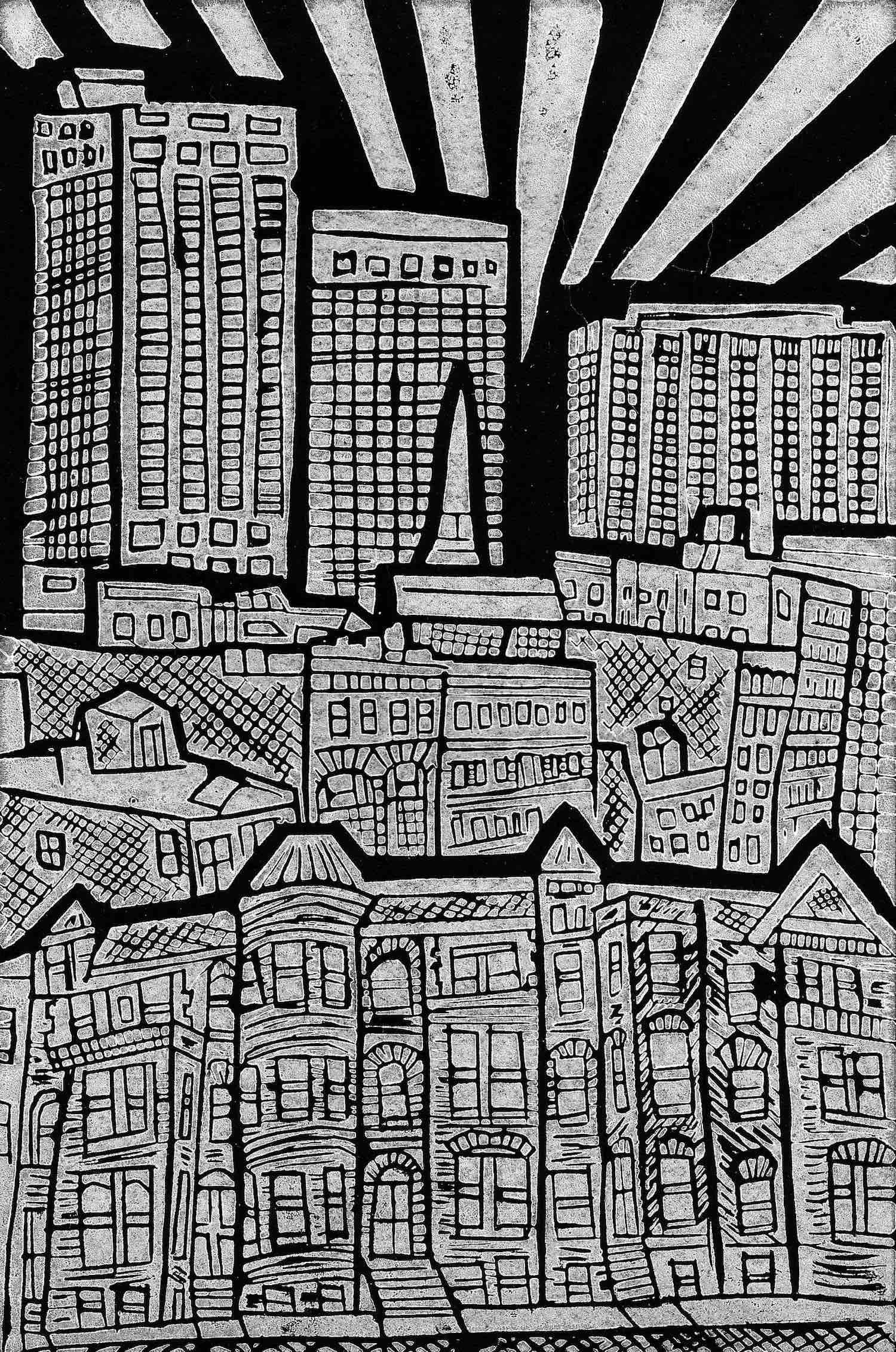 City scape block print by Charly Fasano.