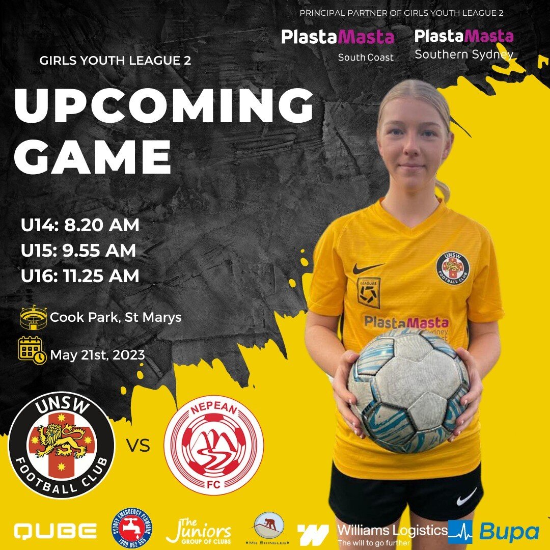 Who's getting excited for another weekend of football? We definitely are!

📍Cook Park, St Marys
📅 21st of May, 2023
⏰ U14: 8.20 AM
⏰ U15: 9.55 AM
⏰ U16: 11.25 AM

Thankyou to our principal partners PlastaMasta South Coast and PlastaMasta Southern S