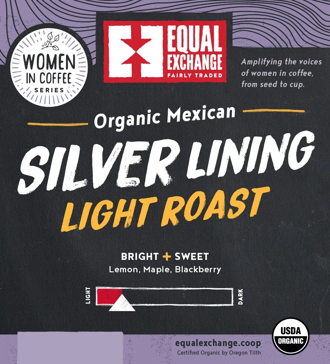 Black bin card with white and yellow lettering that reads 'Organic Mexican Silver Linging Light Roast' with flavor notes that read 'Bright and Sweet. Lemon, Maple, Blackberry'