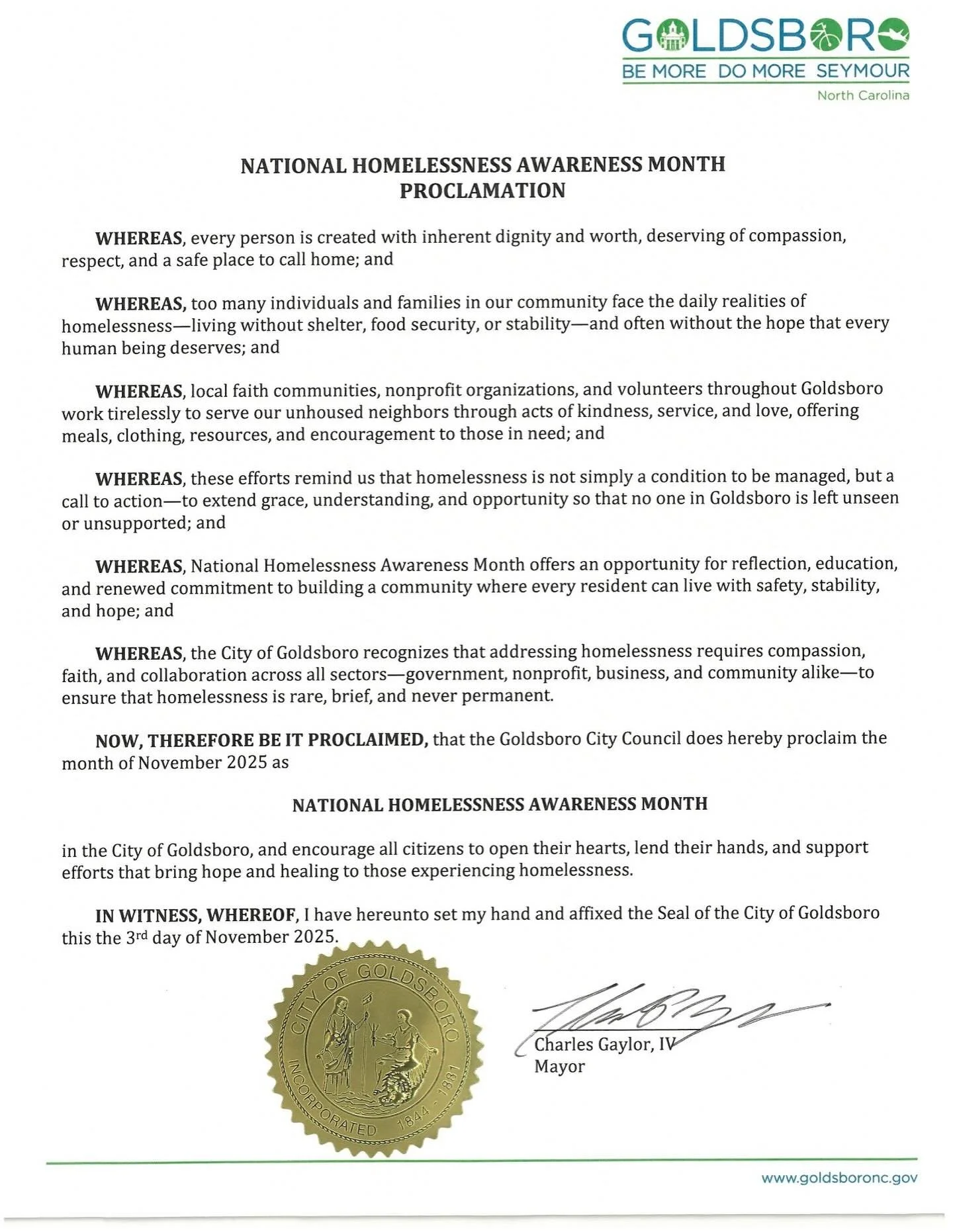 Thank you to @gaylorforgoldsboro for recognizing and proclaiming National Homelessness Awareness Month last night at the City Government of Goldsboro, NC City Council Meeting. It was an honor to work on this proclamation with @chretiendumond and I am