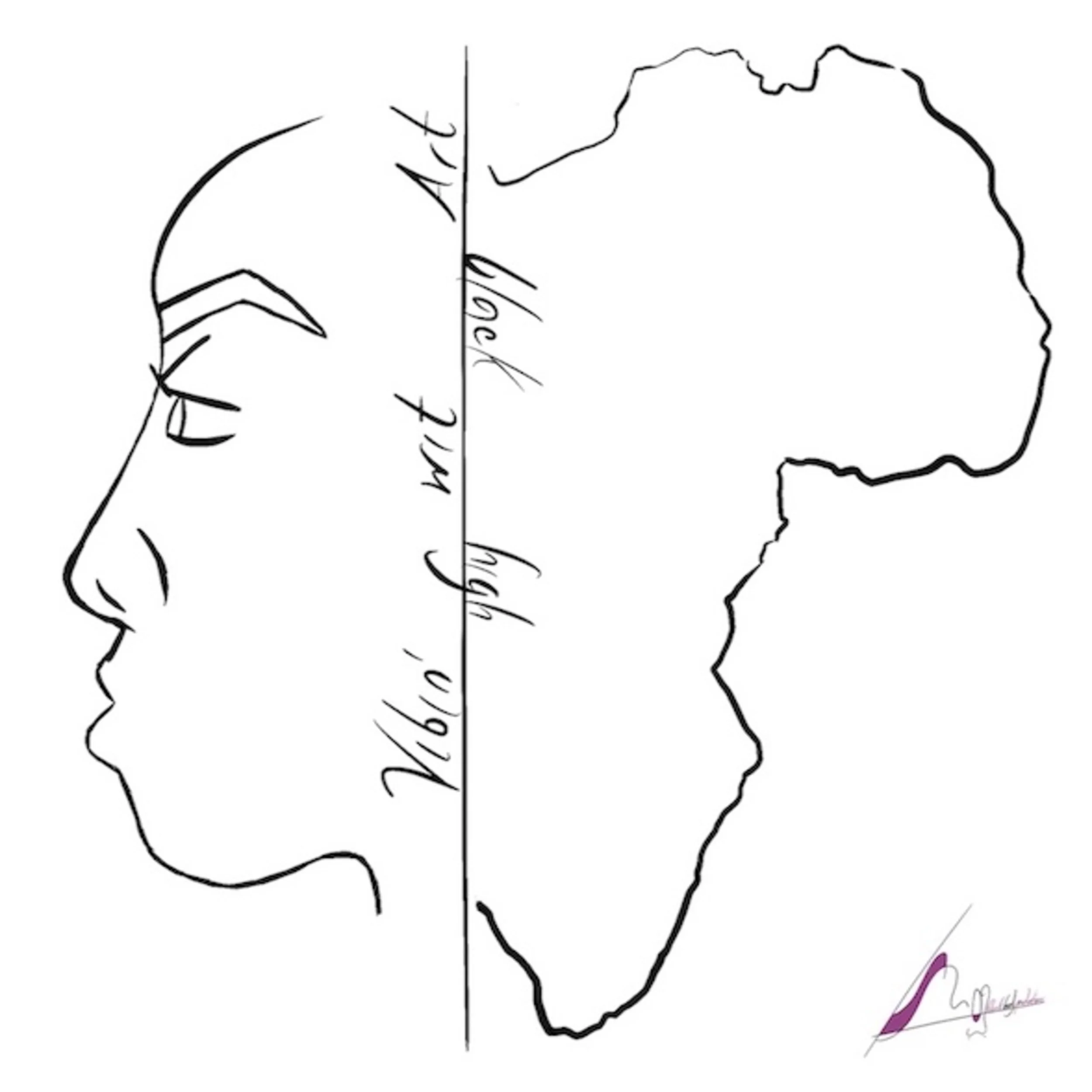 A line drawing combining a human face profile on the left with the outline of the African continent on the right, separated by a vertical line with handwritten text.