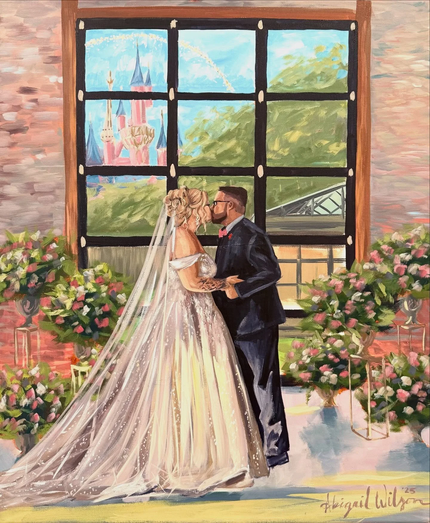 ✨Madison and Casey✨
20x24&rdquo; Acrylic on Canvas completed on sight! Every detail of this wedding was Disney related and I wanted to add that same magic into the painting, and what better way to do that than the Disney Castle! They loved it and wer