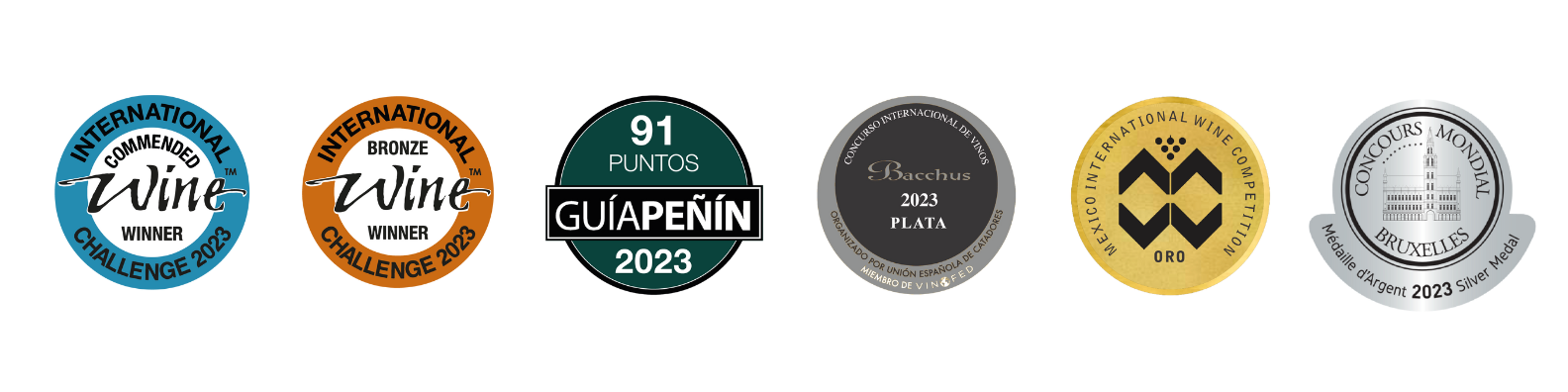 Múltiples medallas y premios de concursos internacionales de vino y degustación de vino de 2023, en diferentes colores y diseños, algunos con texto en español y otros en inglés, premios de vinos mexicanos, bajalupano