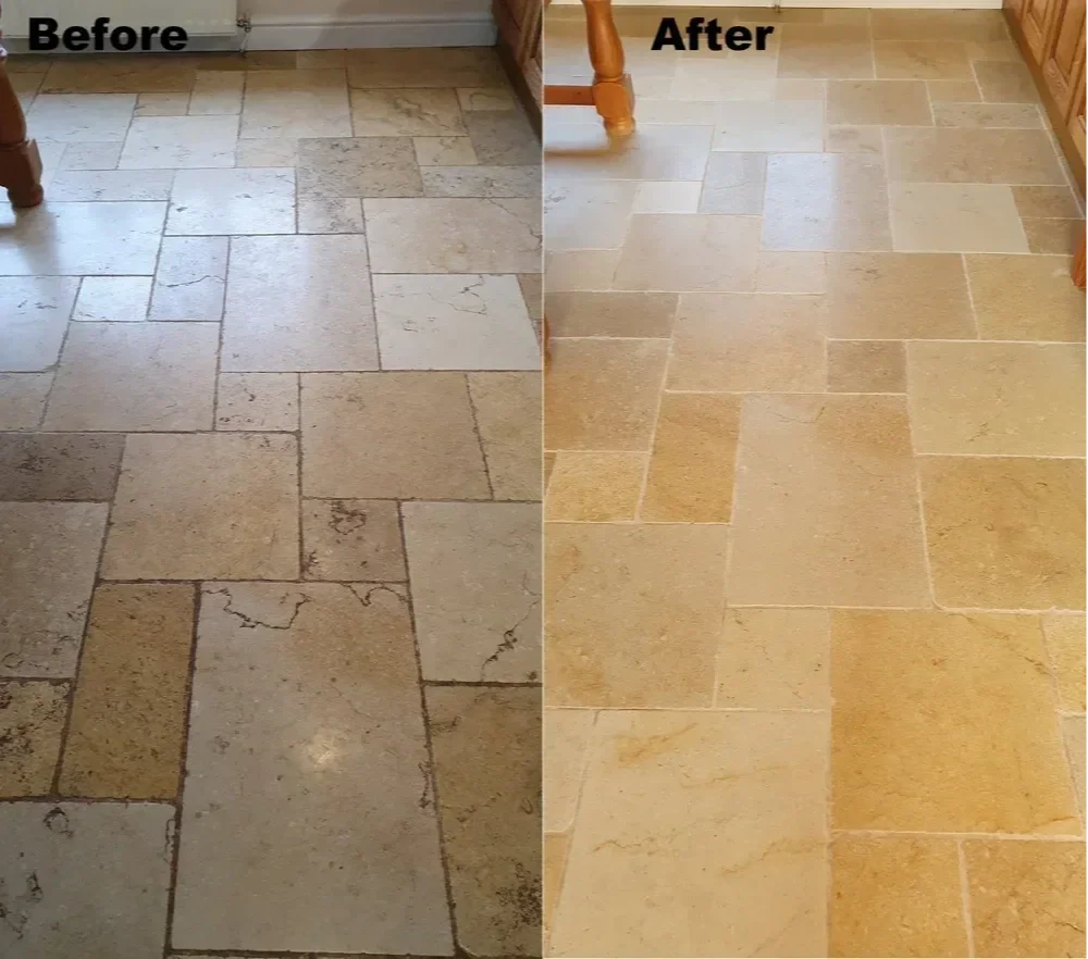 Limestone floor cleaning and restoration before and after in Winchester Hampshire