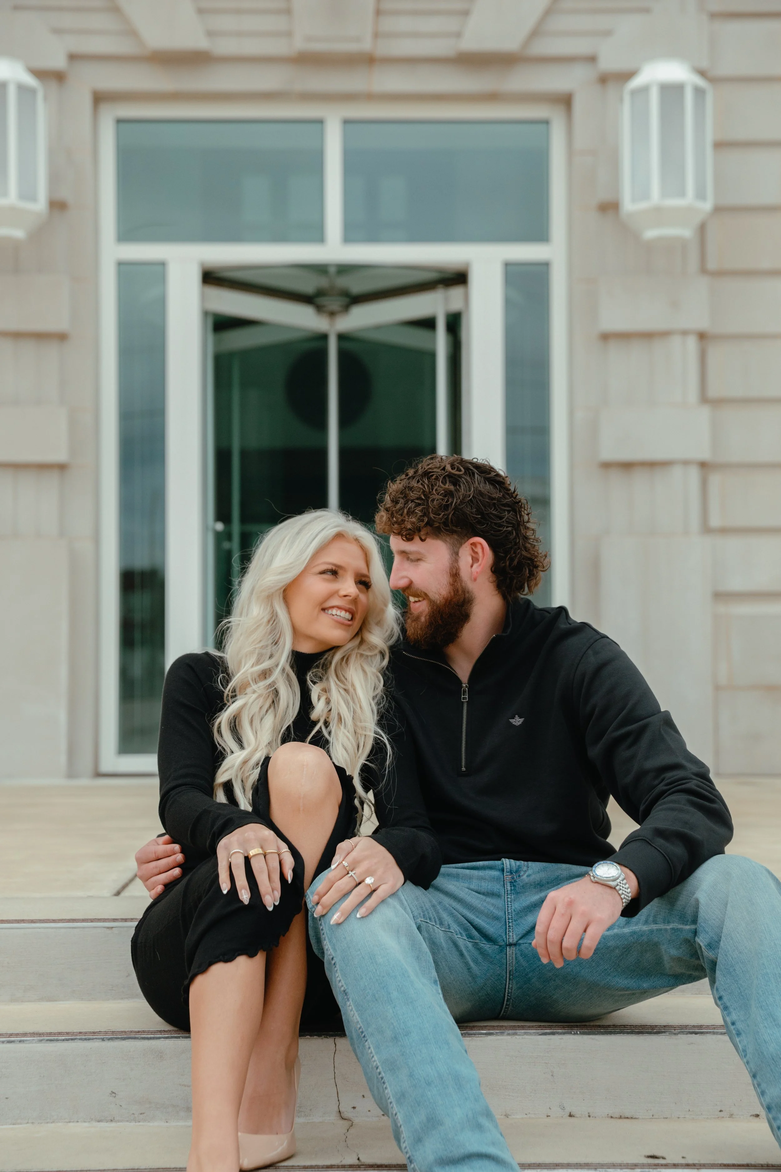 Black and white engagement session in downtown city of anniston alabama