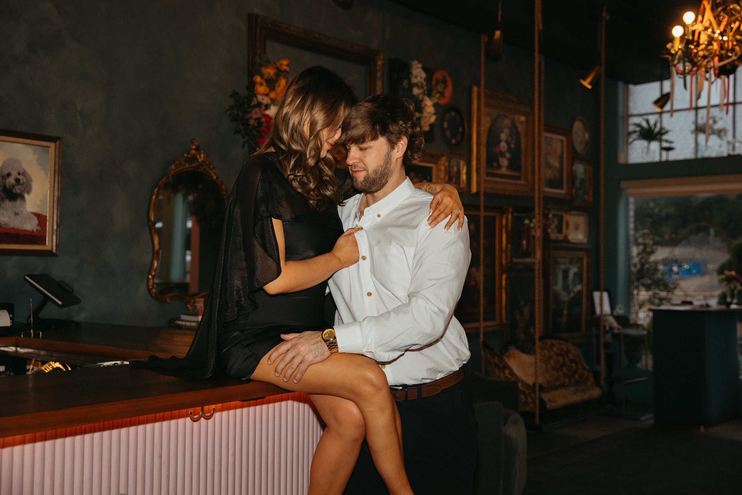 Cinematic and Romantic Downtown Birmingham Bar Engagement Session