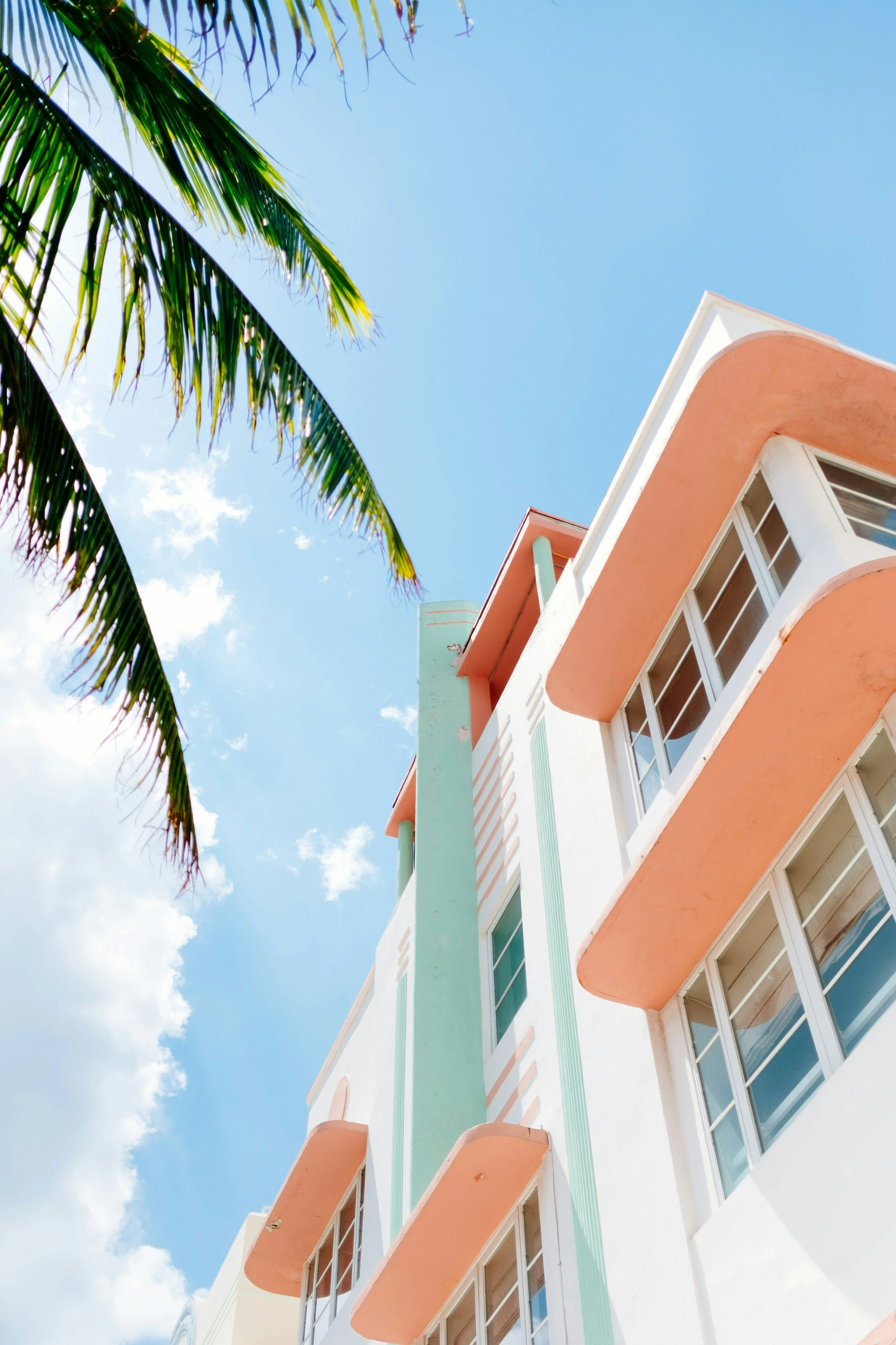 View of art deco architecture and palm tree looking up from Miami Art Deco Tour