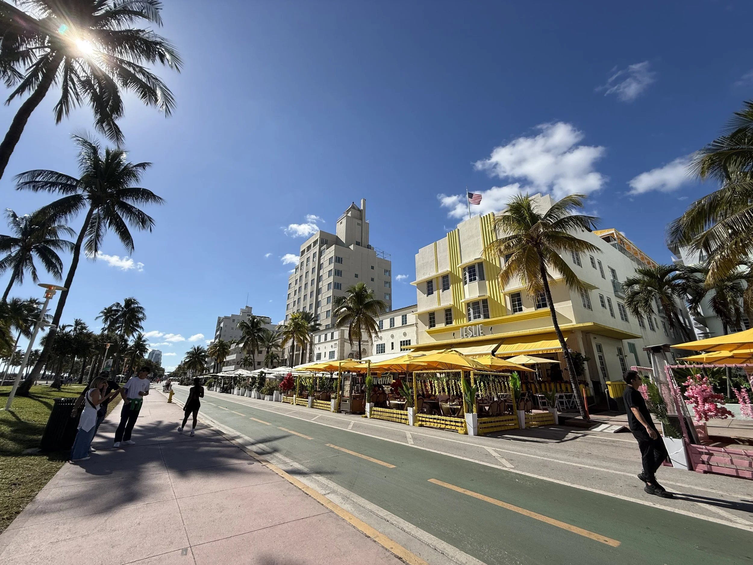 Photo of Ocean Drive's palm trees and art deco lined streets, popular with tourists taken by Miami local expert Eleanor