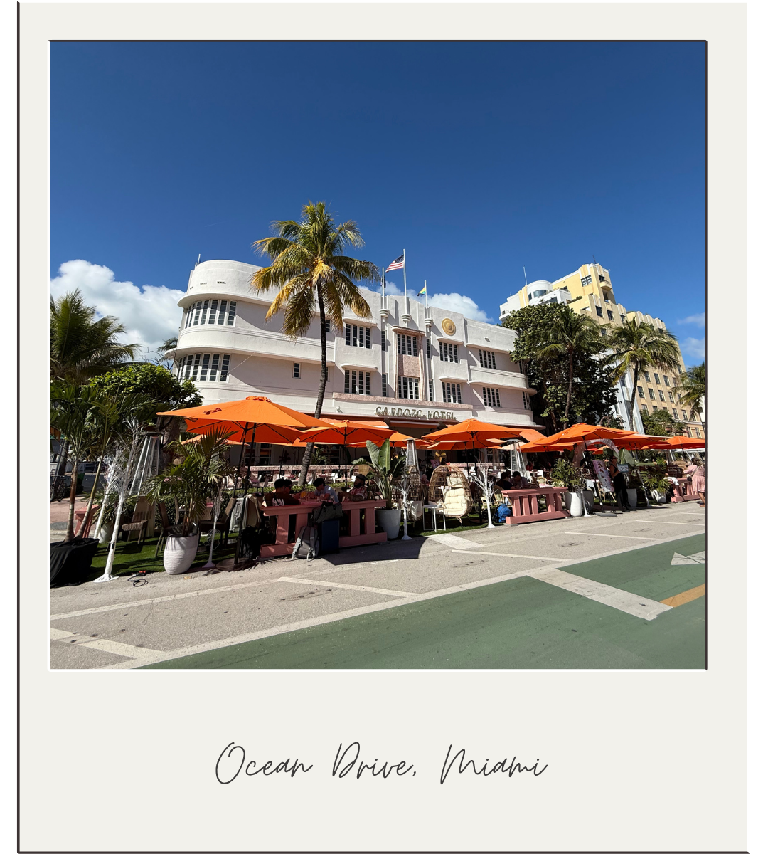 Art deco hotels and palm trees along Ocean Drive in South Beach, Miami Beach