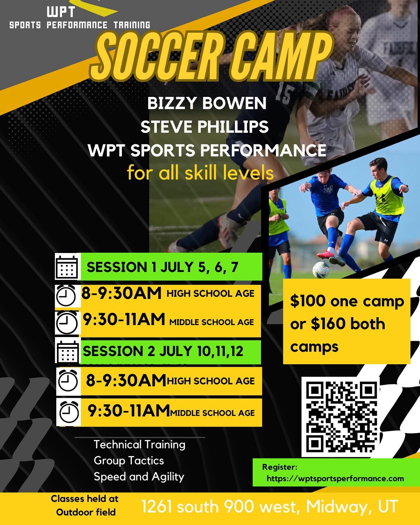 🔥 Exciting Summer Soccer Camp Alert! Join Bizzy Bowen, Steve Phillips, and WPT for an intensive program that covers all the essentials:

👟 Technical Skills: Dribbling, passing, receiving, shooting, and 1v1 play. Master the moves that will take your