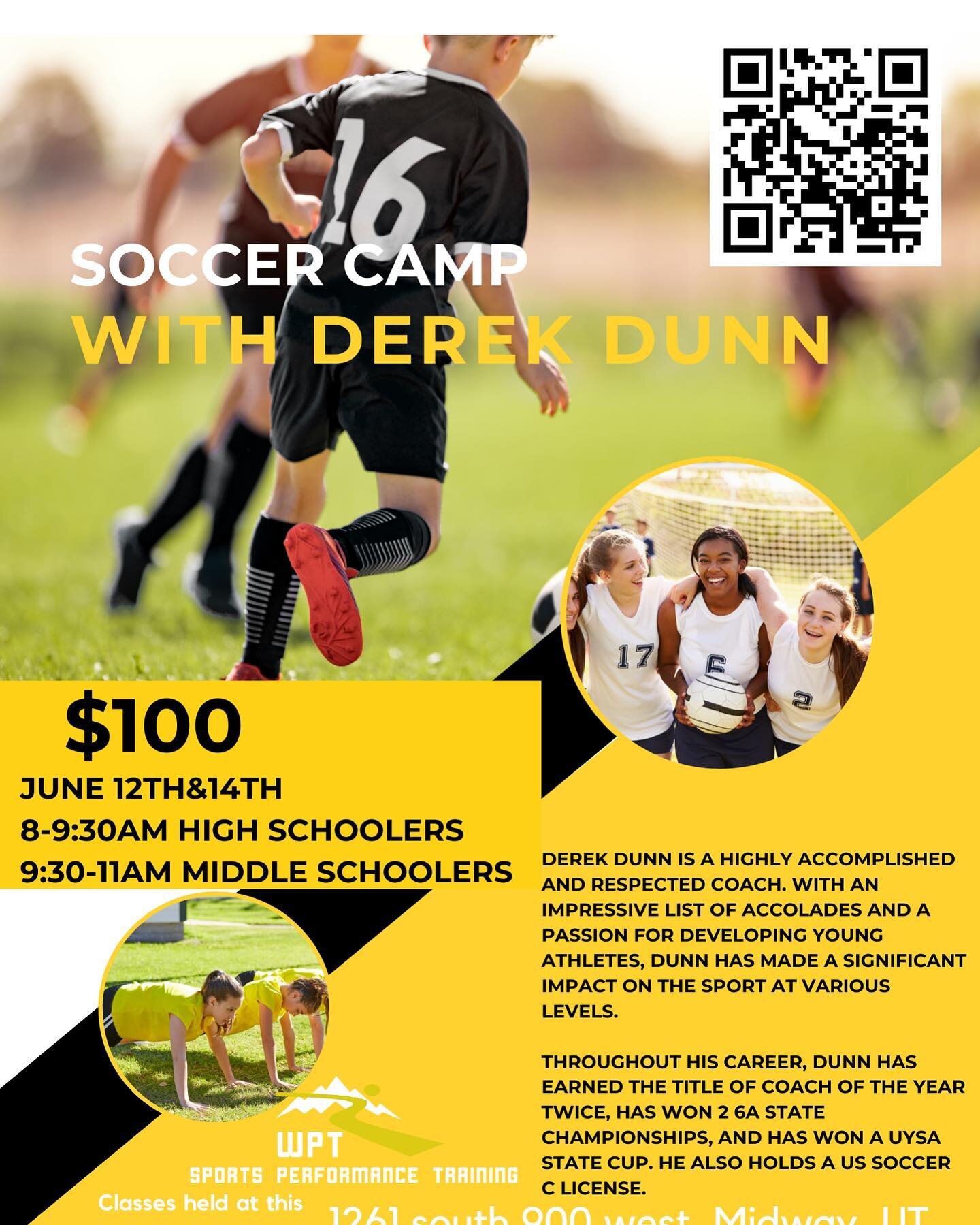 Soccer camp in June! Up for registration for boys and girls middle school to high school age. You&rsquo;re athlete will be doing speed/agility training as well as soccer training with the incredible coach, Derek Dunn.