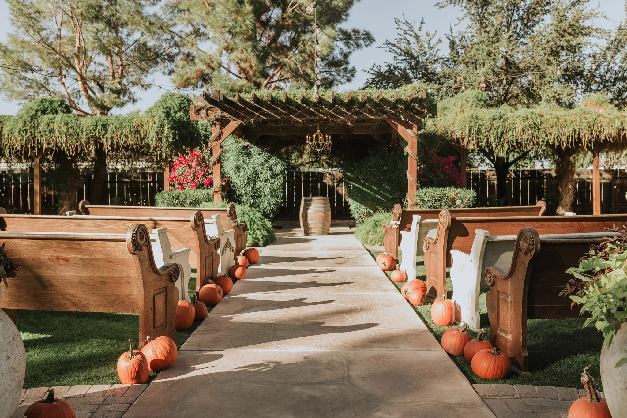 Outdoor wedding ceremony aisle lined with pumpkins leading to a wooden pergola, creating elegant fall wedding ceremony décor.