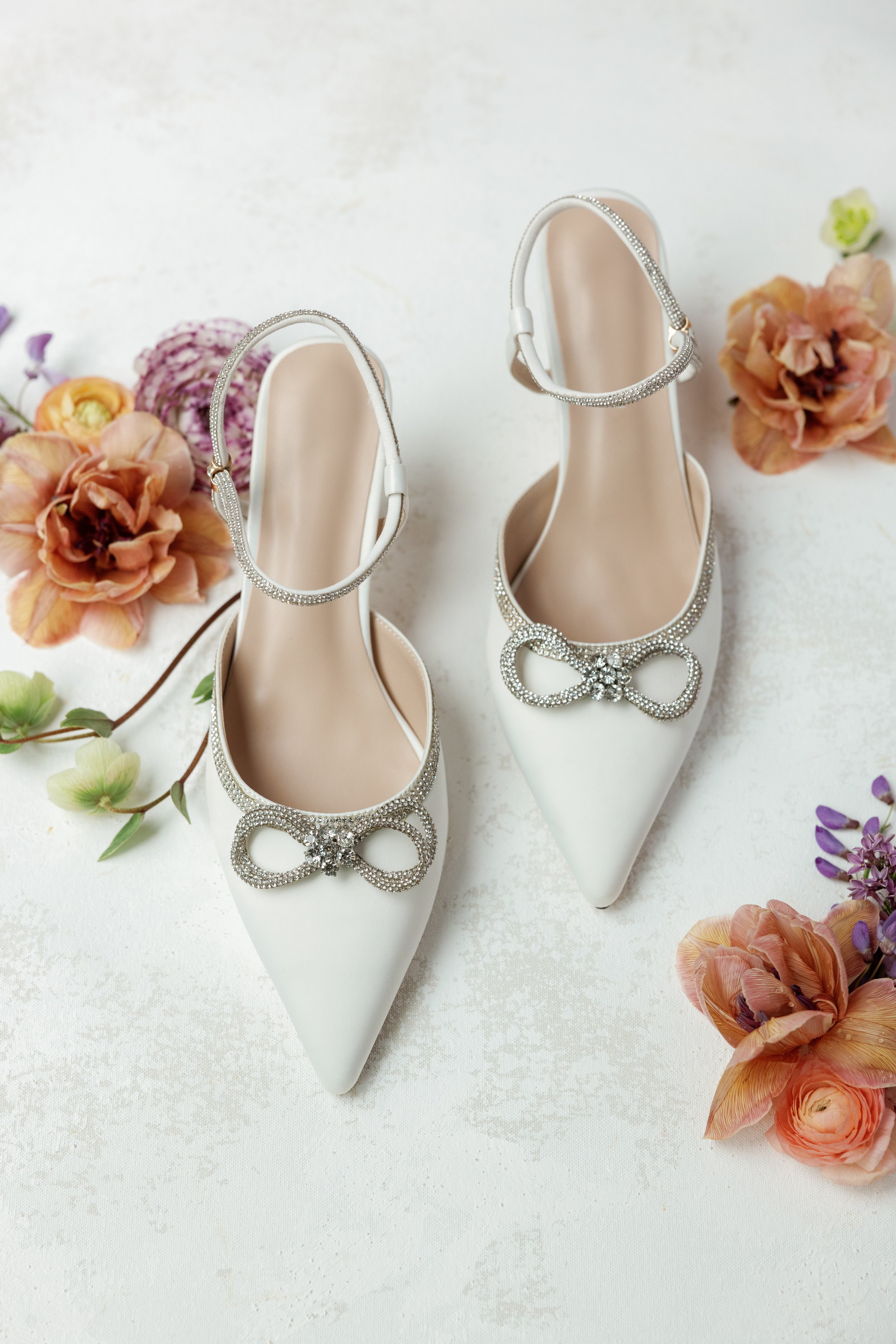 Bride’s Elegant White Satin Wedding Heels with Crystal-Embellished Bow