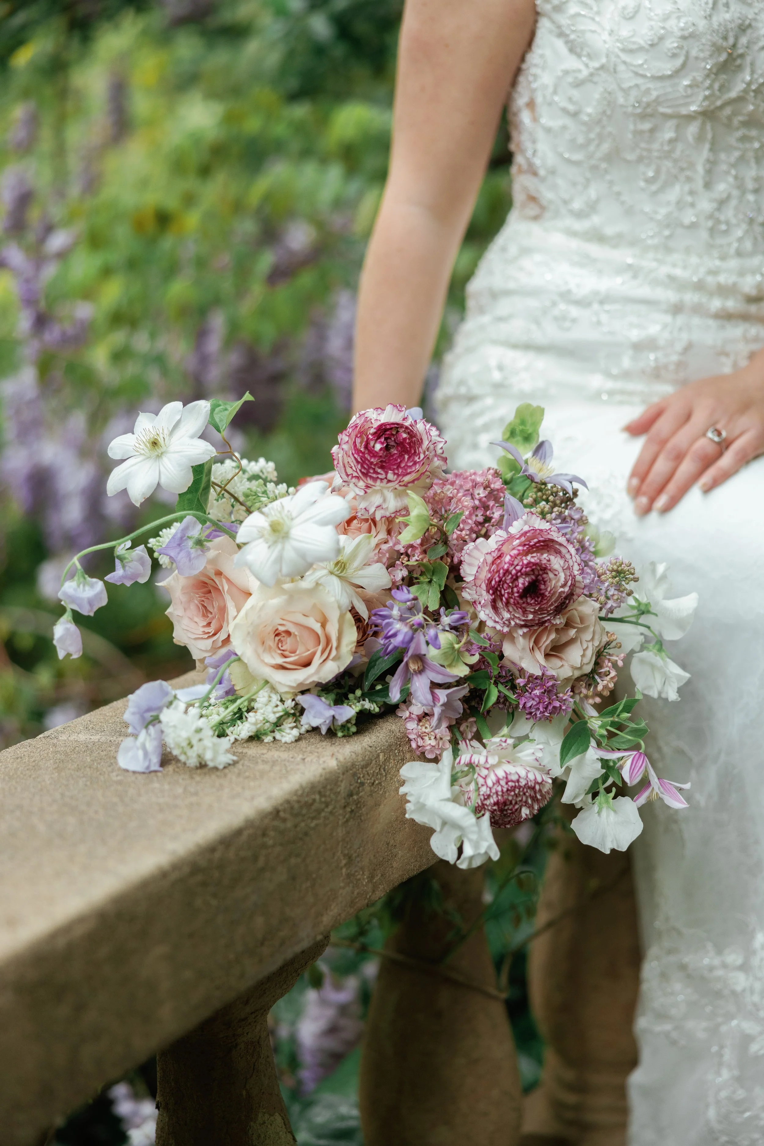 Floral arrangement styled as part of elevated wedding aesthetic
