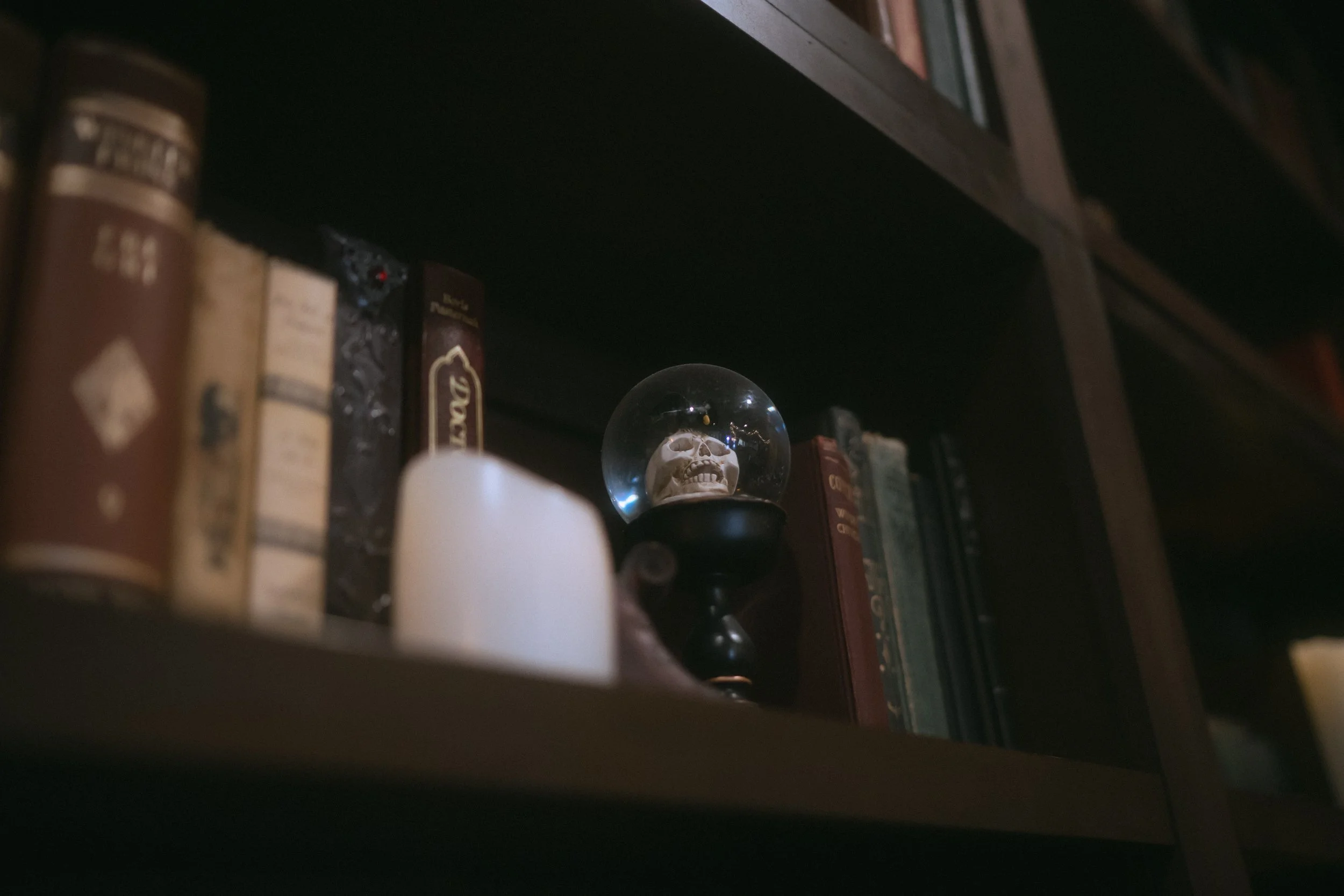 Close-up of wedding venue bookshelf decor featuring skull ornament, candle, and vintage books