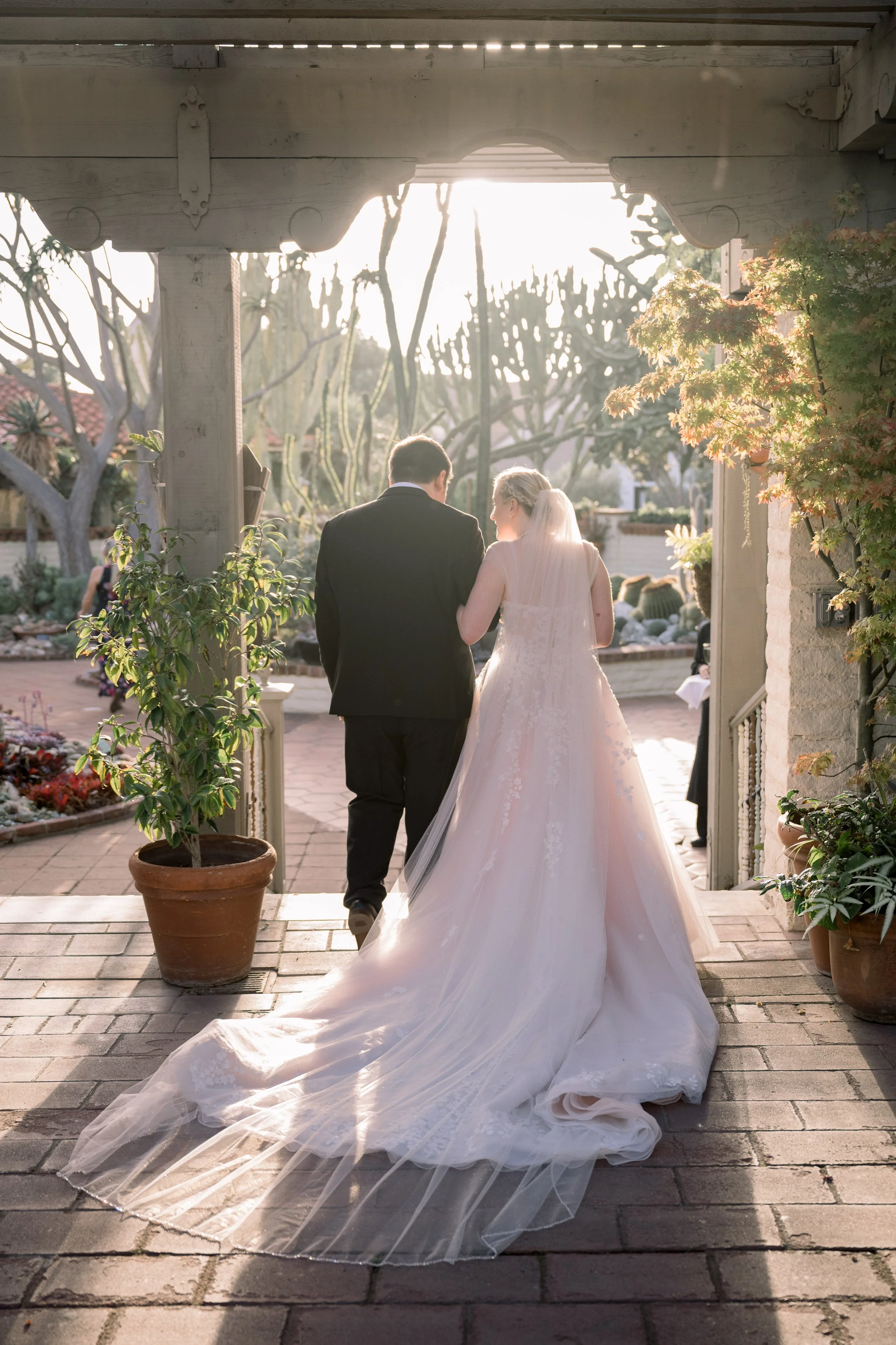 Newly married couple walking away together with sunlight shining behind the bride’s flowing wedding gown and veil