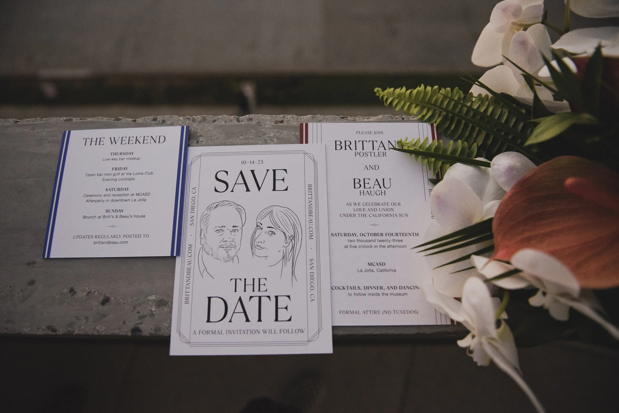 Modern wedding invitation suite featuring save-the-date cards, weekend itinerary, and tropical floral styling.