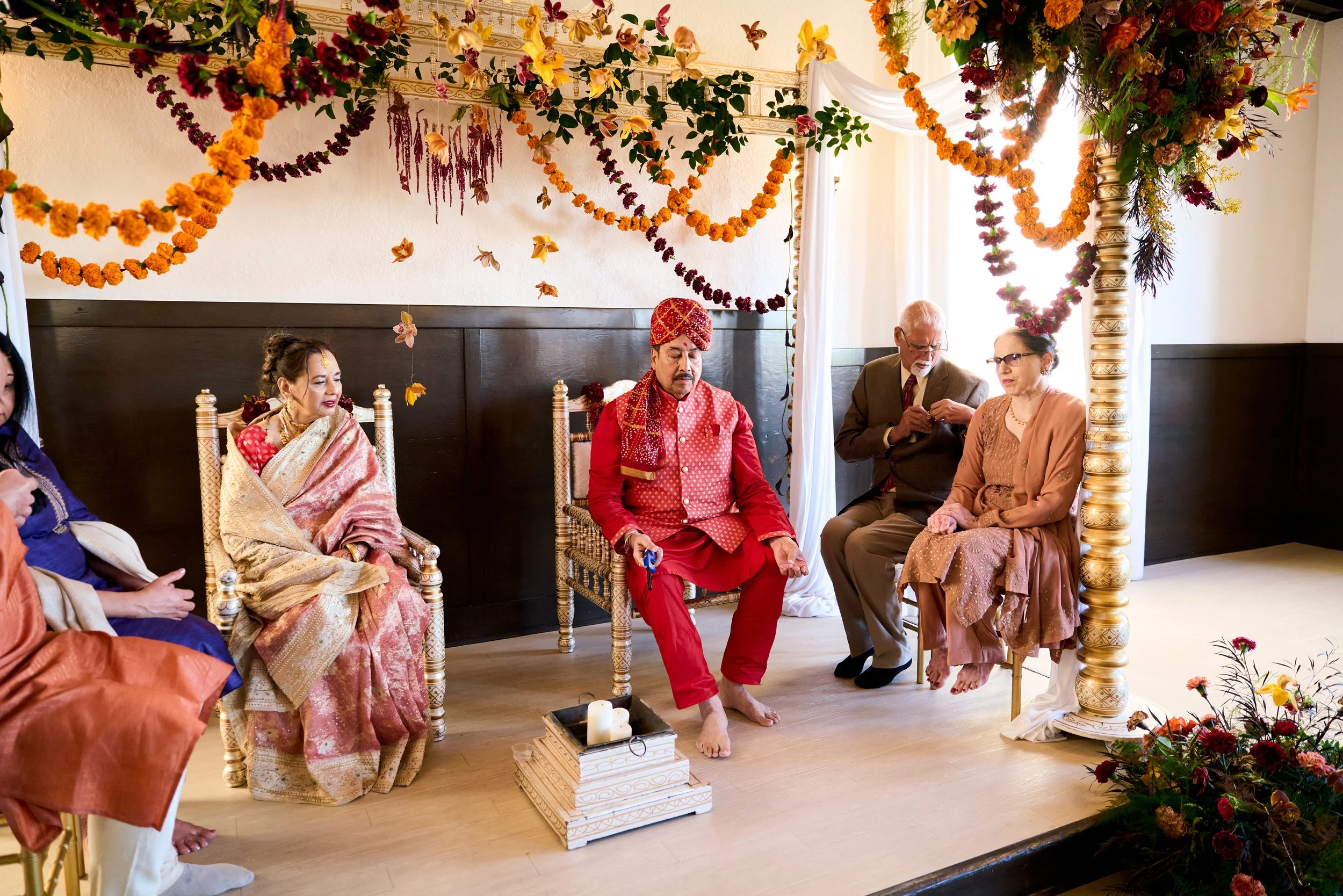 The sacred fire, agni, at the center of the mandap during a Hindu ceremony