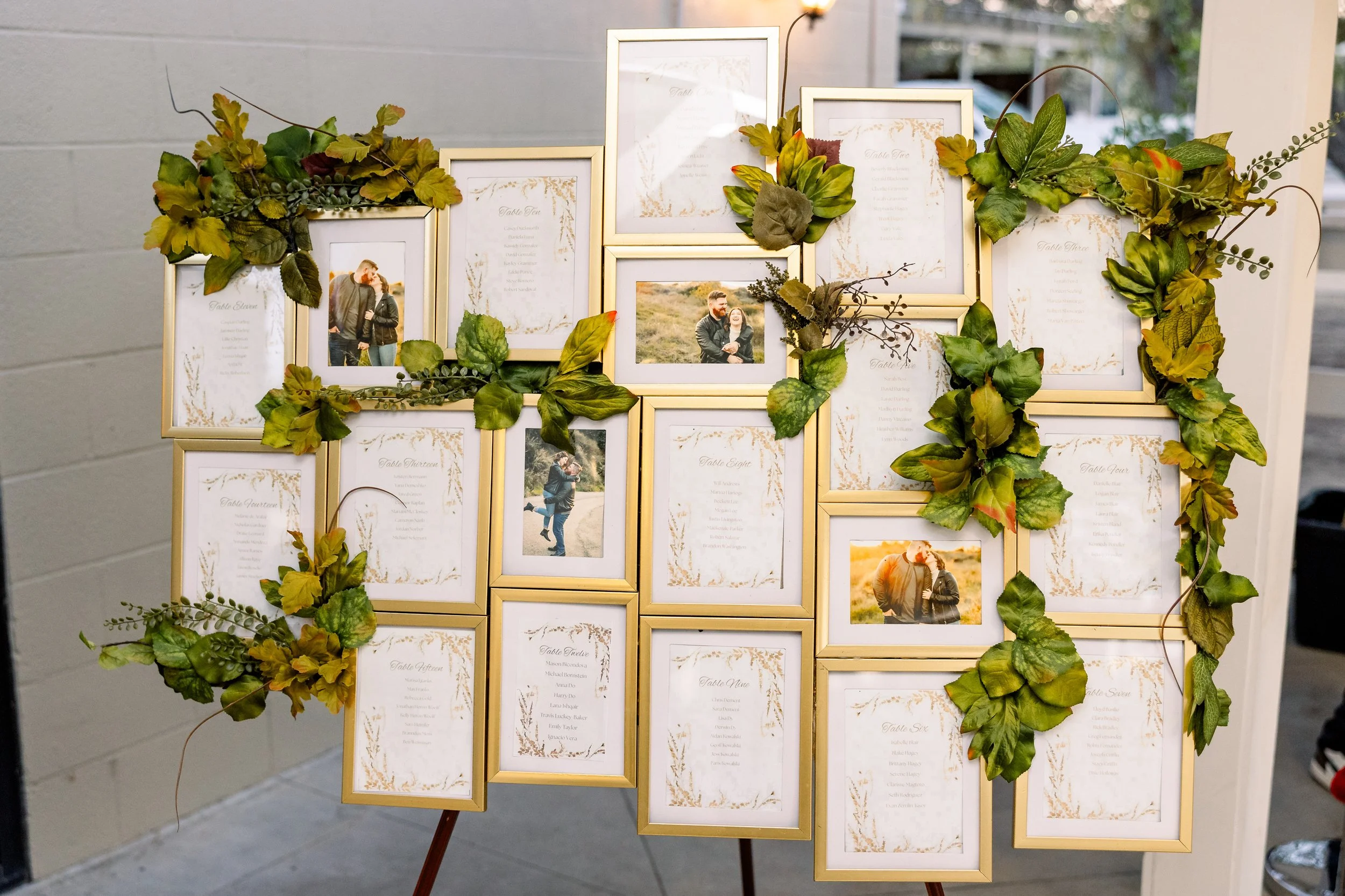 Fall wedding reception seating chart in warm orange, rust, and gold
