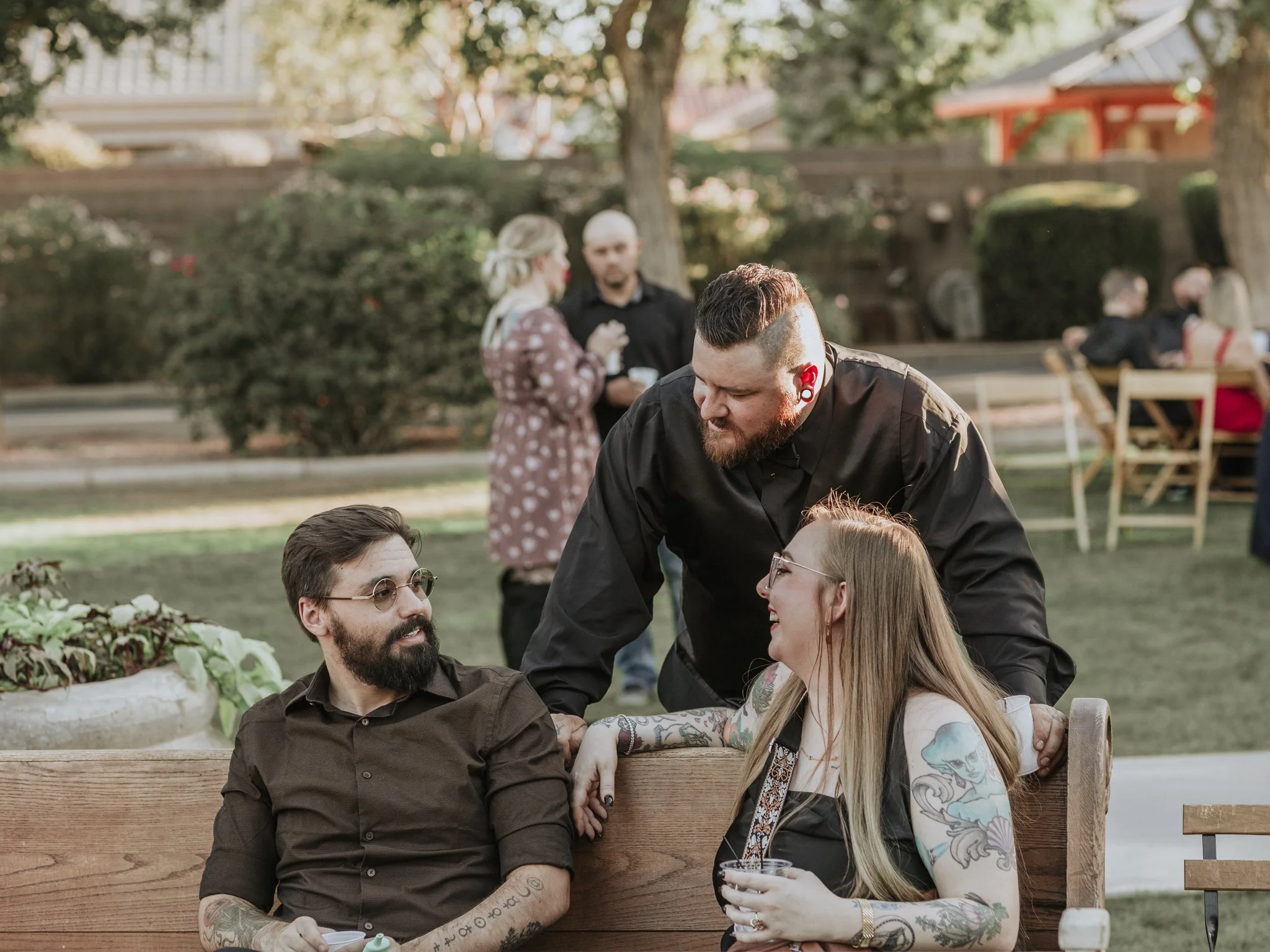 Guests enjoy cocktail hour at a Shenandoah Mill fall wedding