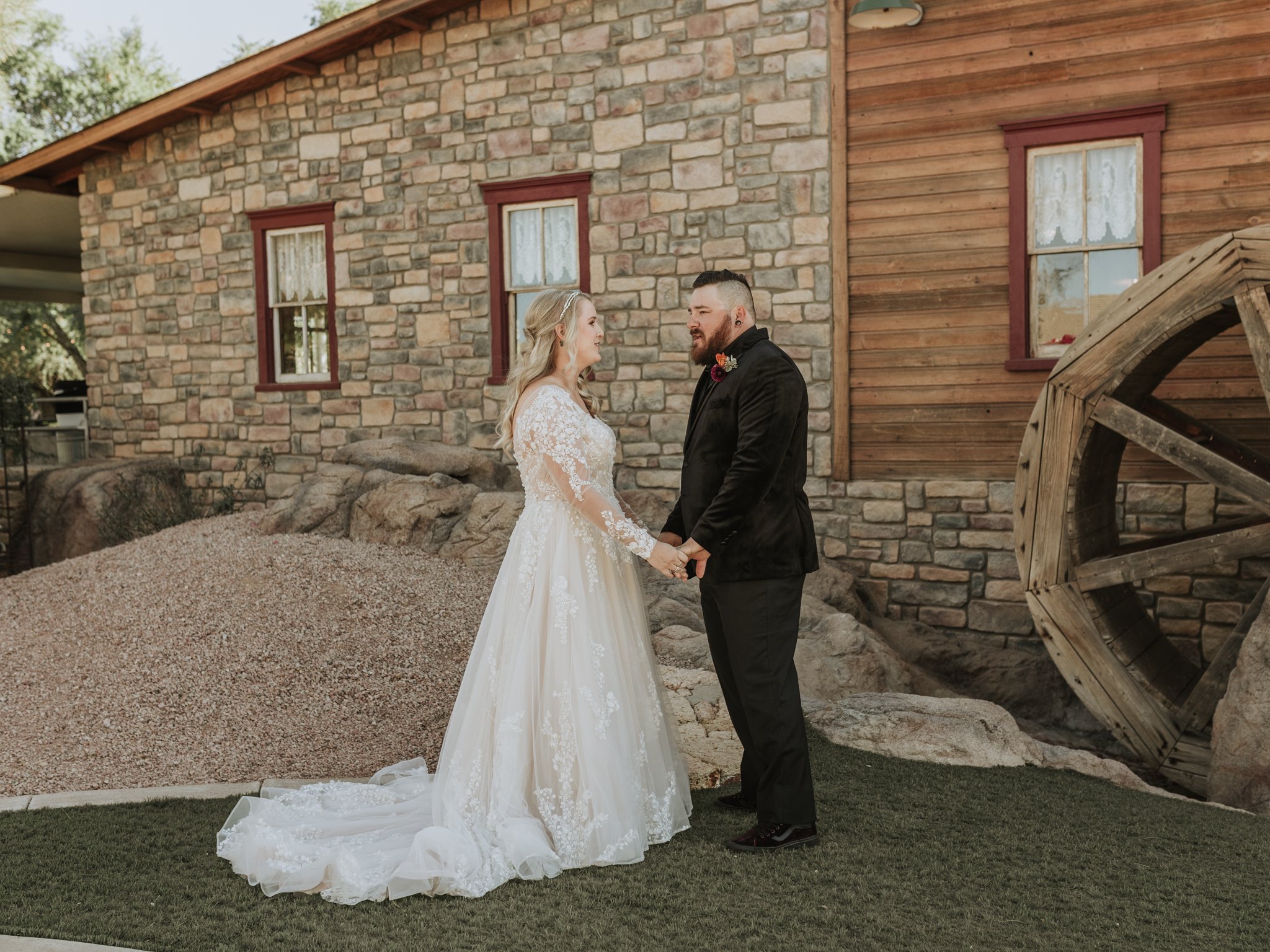 Groom's reaction as he turns for the first look at Shenandoah Mill