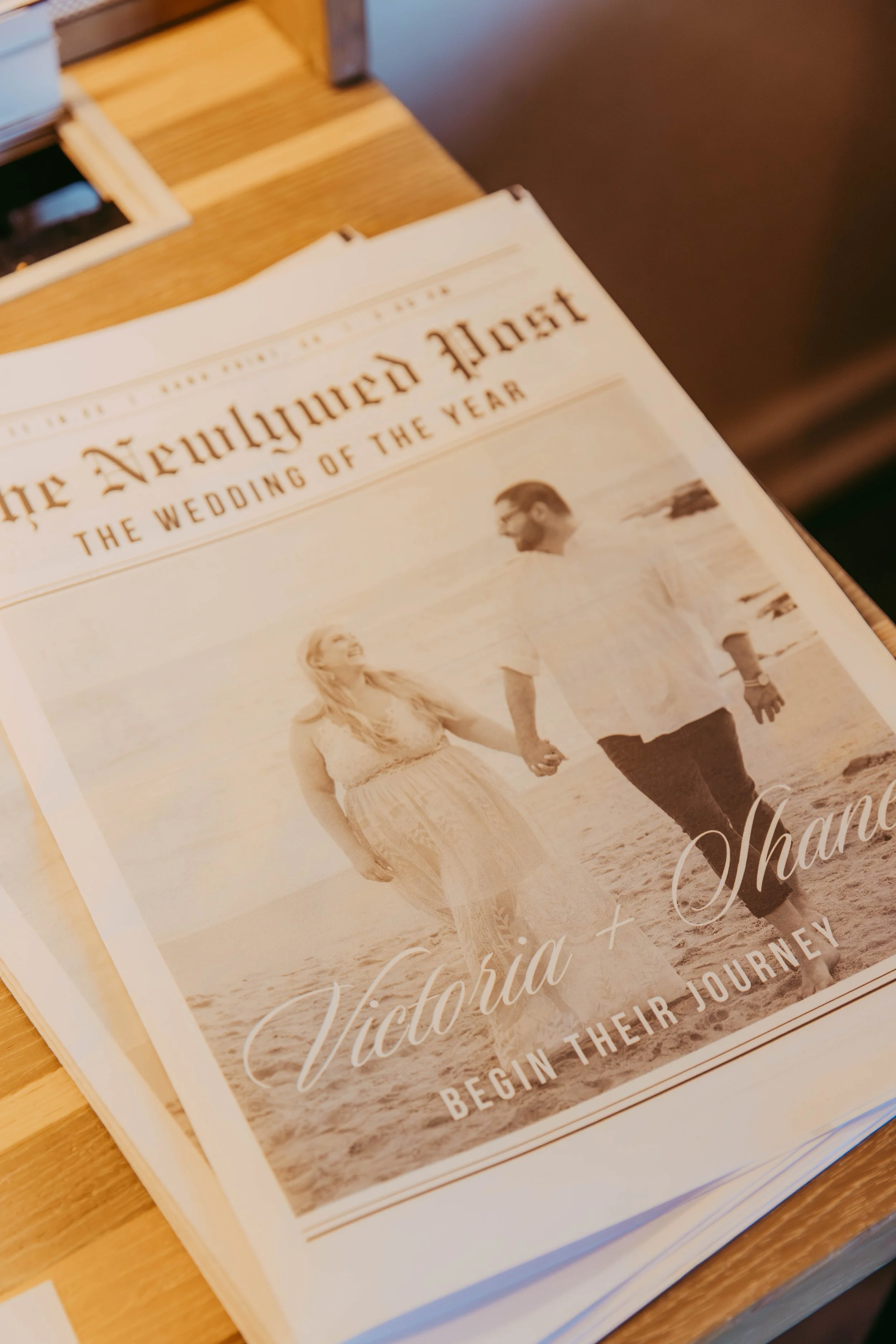 Custom newspaper wedding program, The Newlywed Post, at a Dana Point Yacht Club wedding