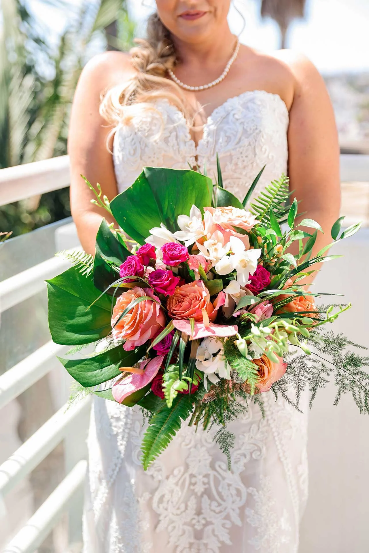 Salt Lake City wedding bouquet with palms and colorful florals