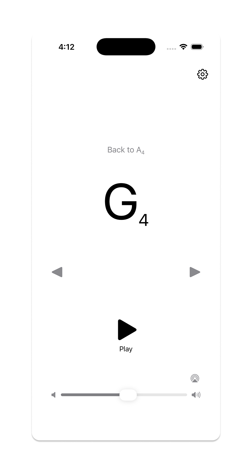 Tuning Note showing the note wheel at A4, "Back to A" button visible