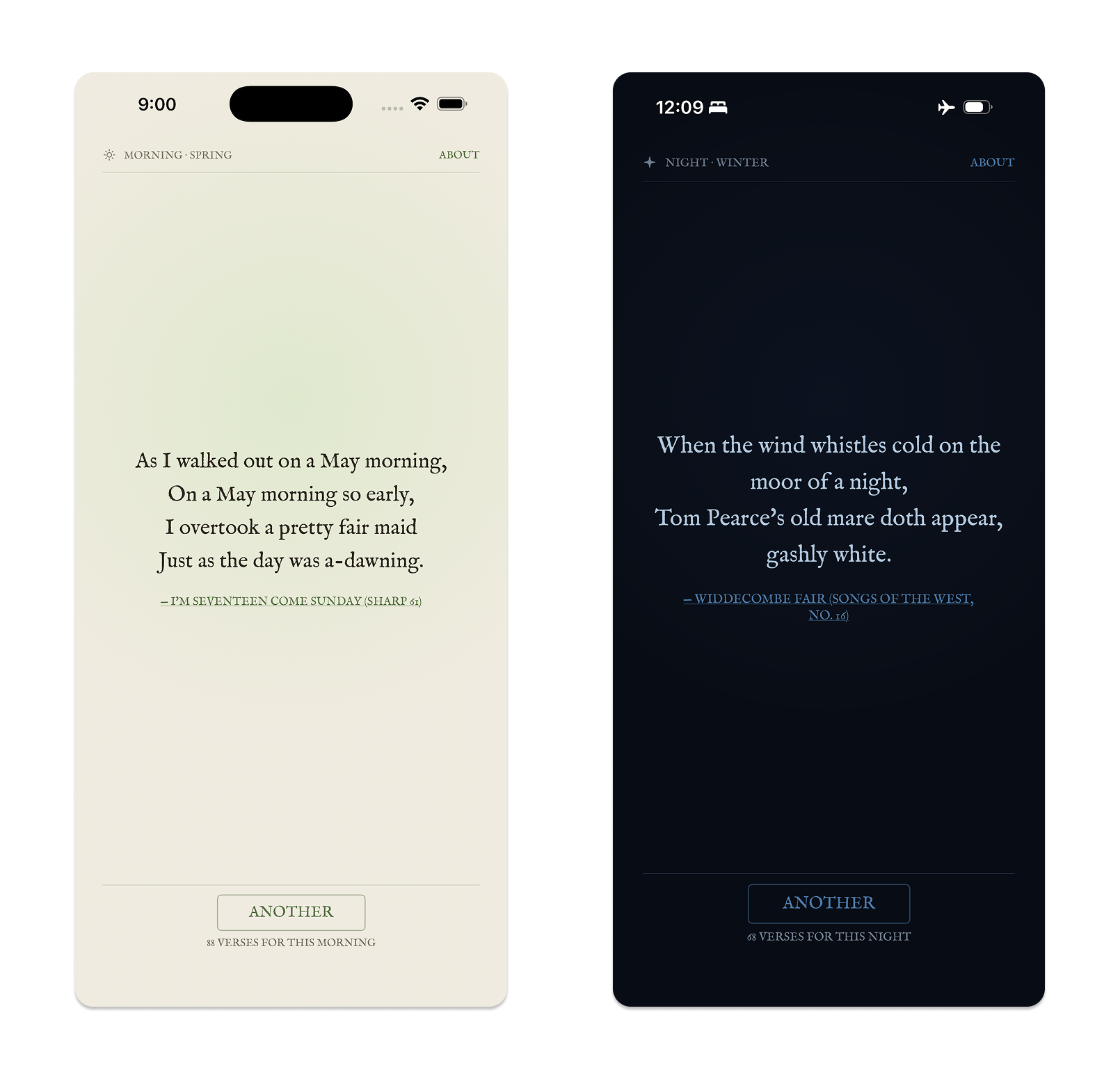 Refrain showing two theme states—a morning/spring palette and a night/winter palette