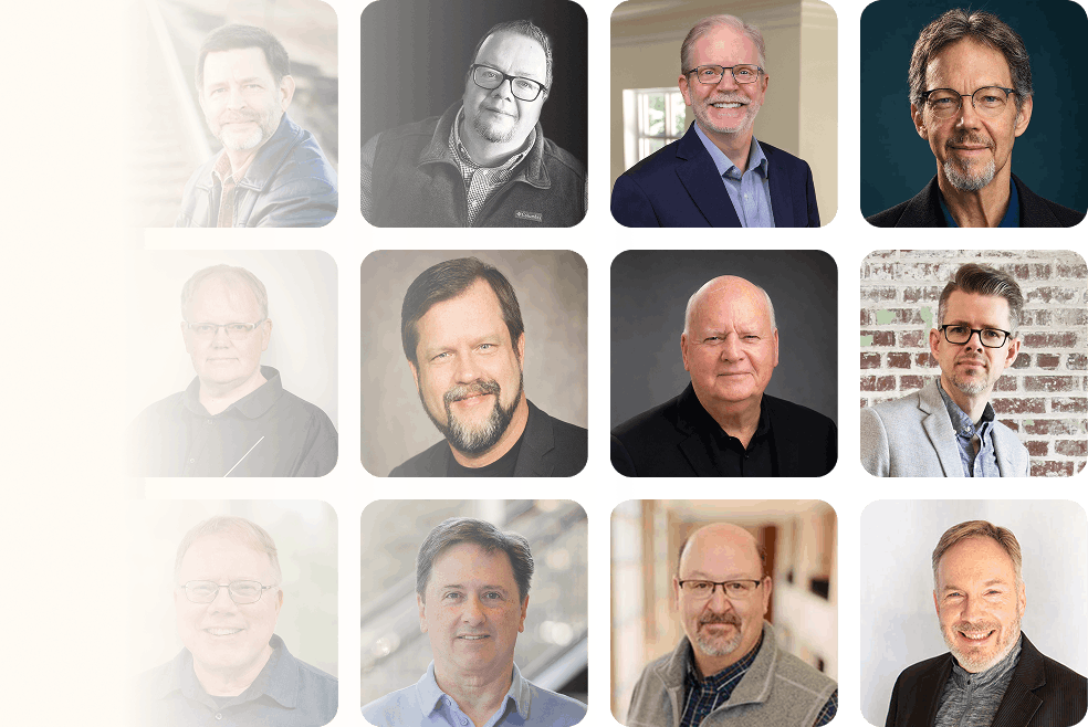 Grid of professional headshots of eleven men, smiling or neutral expressions, in various indoor settings, some with glasses, diverse backgrounds and attire.