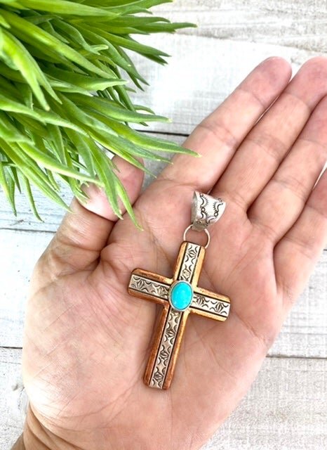 Copper & Silver Turquoise Cross Pendant (Medium) 2.jpeg
