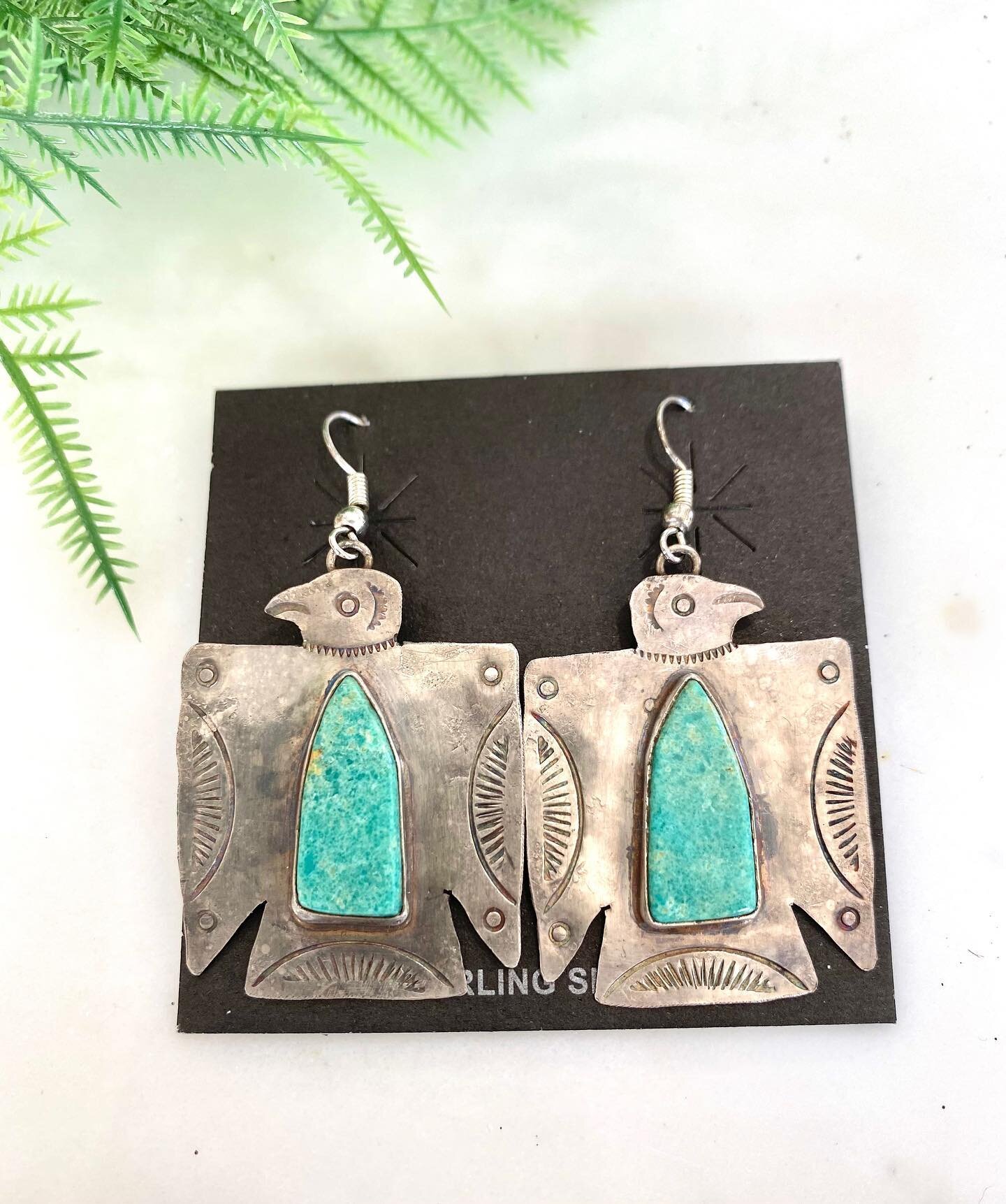 Thunderbirds are symbols of strength and power in Navajo culture. These beauties are by Native American, Fred Begay. Gorgeous blue green turquoise graces his handiwork.
