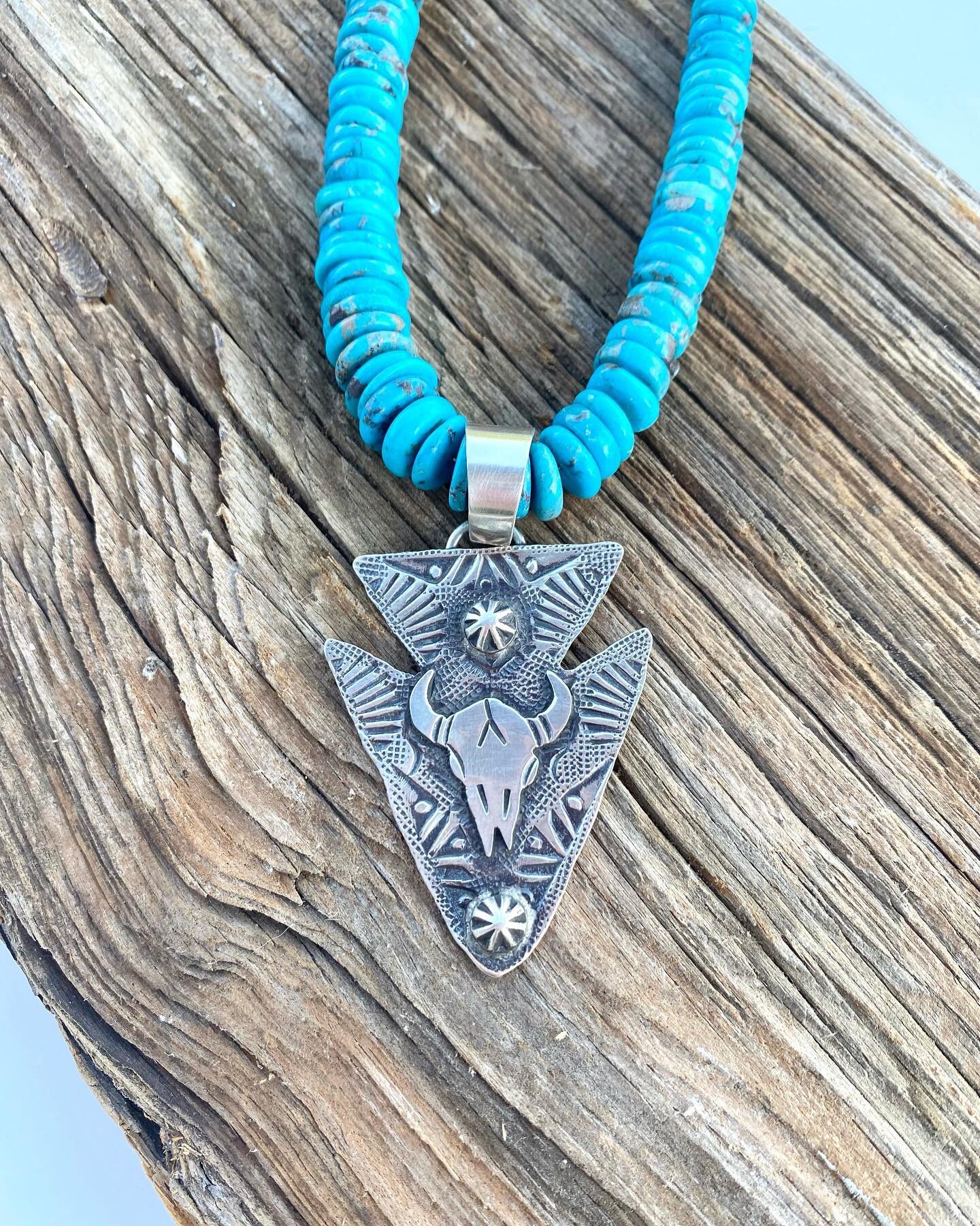 I had this awesome pendant custom made by the talented Navajo artist, Virgil Reeder. I explained to him my love of Texas, longhorns and artifacts of the past, like arrowheads. He ran with it and handcrafted this amazing piece! 

Direct message me if 