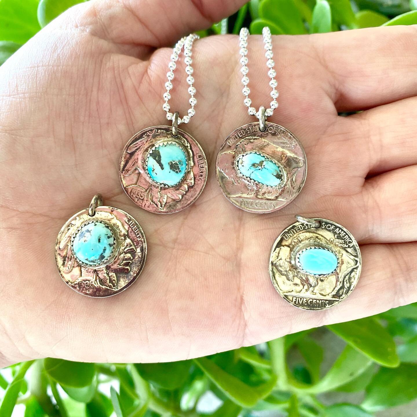 Love these Buffalo Nickel necklaces, also called Indian Heads. We had these custom made just for you! Beautiful turquoise embellishes each coin and how fun is this sterling silver ball chain? Let us customize the length for you 💠