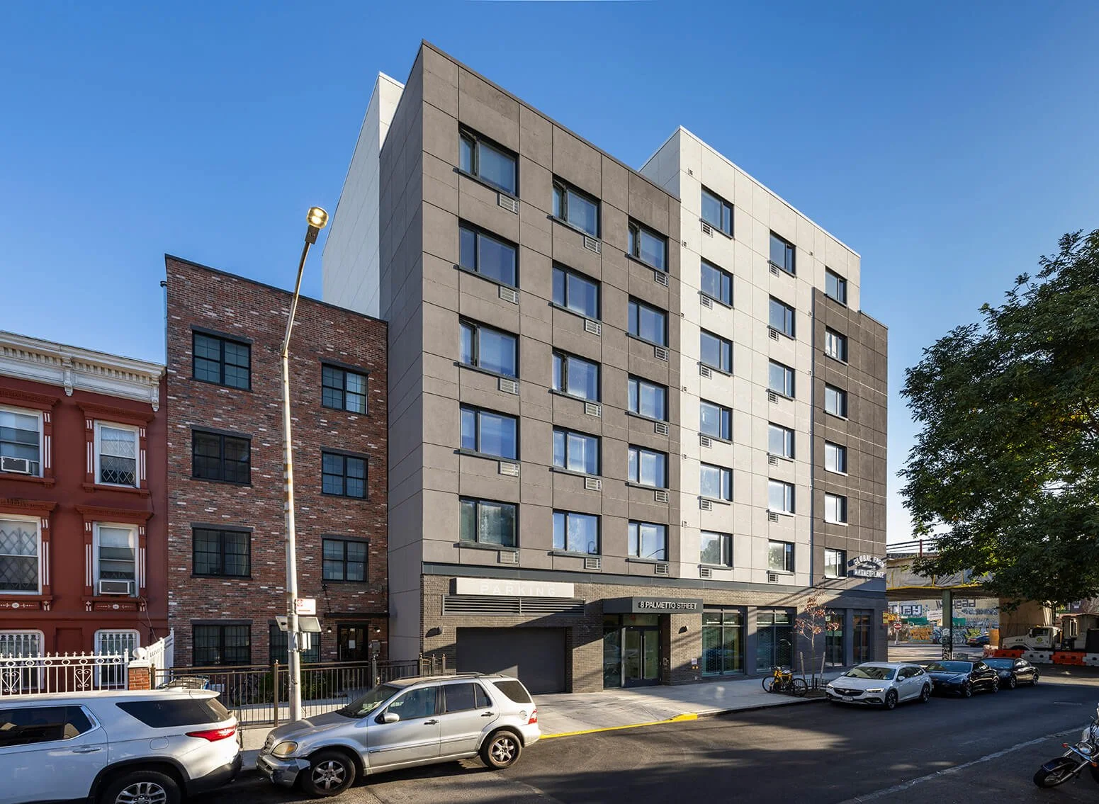 8 Palmetto Street at 1389 Broadway, Brooklyn, completed mixed-use building. Photograph via GF55 Architects / Esto.
